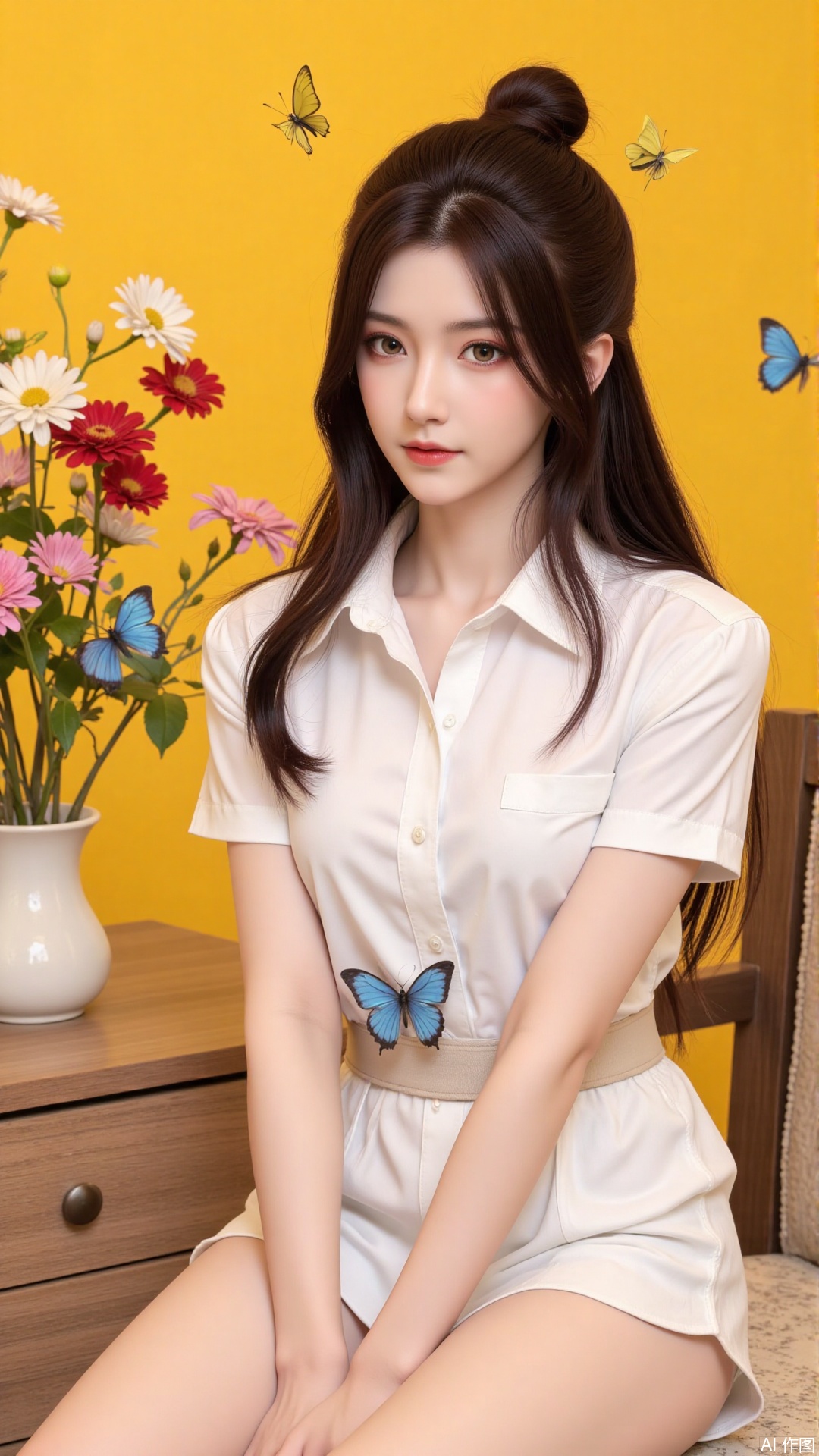 shadow,masterpiece,extremely delicate and beautiful,best quality,artistic style,fashionable,cool and fashionable,masterpiece,best quality,good quality,very aesthetic,A shot with tension,impactful picture,offcial art,colorful,splash of color,movie perspective,masterpiece,facing the lens,best quality,very aesthetic,extremely delicate and beautiful,huge filesize,amazing quality,32K UHD
1girl, solo, long hair, looking at viewer, bangs, shirt, black hair, hair between eyes, sitting, closed mouth, yellow eyes, white shirt, flower, short sleeves, shorts, bug, plant, white flower, red flower, butterfly, yellow background, pink flower, gym uniform, blue flower, head rest, yellow flower, purple flower, blue butterfly, yellow butterfly