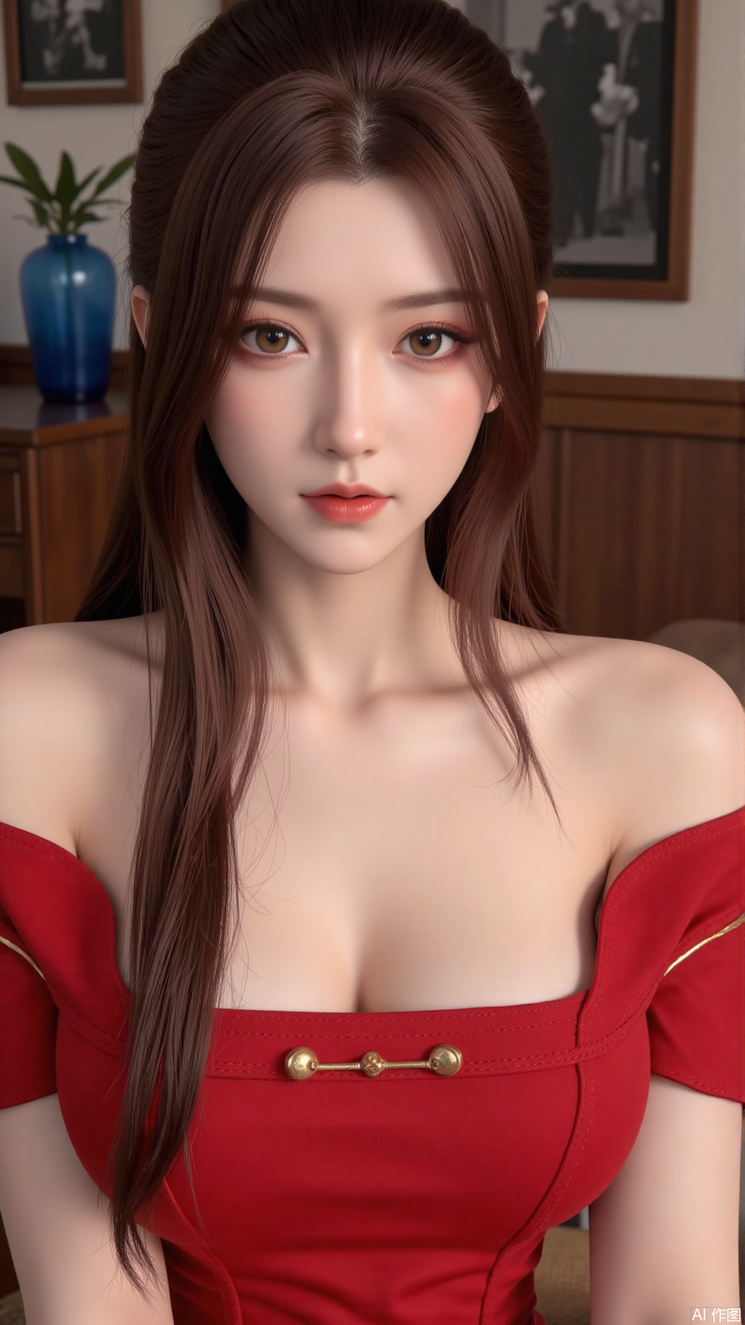  masterpiece,best quality,1girl, breasts, long hair, red dress, bare_shoulders, sitting 