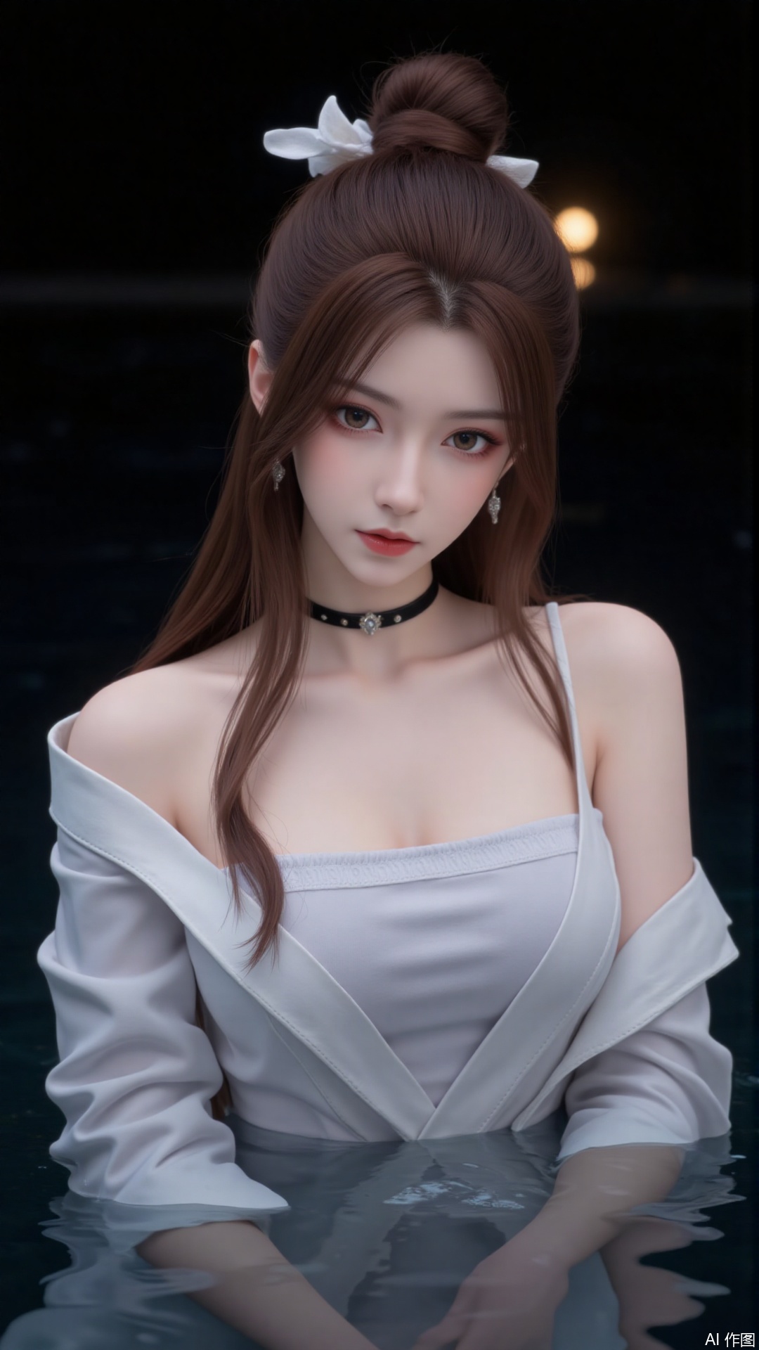 1girl, solo, long hair, red lips,looking at viewer, upper body, glowing hair,hair ornament,white sling shirt,bare shoulders,in water,hair bun,ribbon,earrings,black background,light,dark background