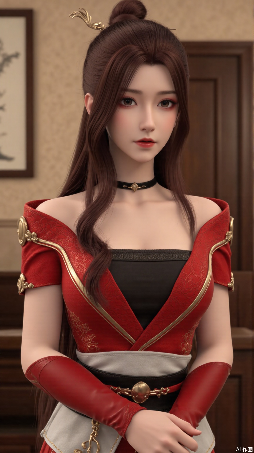  masterpiece,best quality,1girl, breasts, long hair, red dress, bare_shoulders, cowboy shot