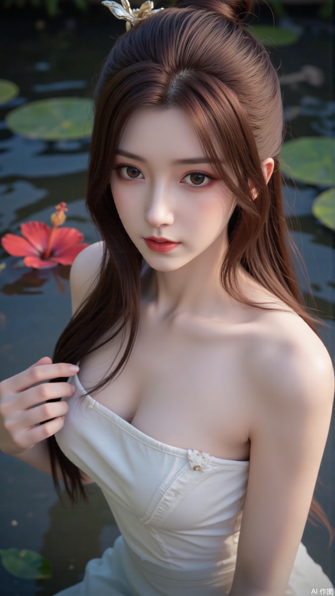 1girl, solo, long hair, breasts, looking at viewer, blush, open mouth, bangs, brown hair, hair ornament, dress, bare shoulders, brown eyes, medium breasts, collarbone, flower, parted lips, hair flower, water, white dress, sleeveless dress, leaf, plant, red flower, partially submerged, hibiscus
,backlighting,depth of field,cinematic lighting,light particles,lens flare, (artist:quasarcake:0.8),extreme aesthetic,(wlop:0.6),masterpiece,best quality,good quality,newest,very aesthetic,absurdres,Visual impact,A shot with tension, ultra-high resolution,32K UHD,sharp focus,best-quality,masterpiece,Emotionalization,unconventional supreme masterpiece,masterful details,temperate atmosphere,with a high-end texture,in the style of fashion photography, (alzi xiaomI:1.2),(mogumo:1.1),(good hands, nice hands:0.5),giving the poster a dynamic and visually striking appearance,impactful picture,offcial art,colorful,movie perspective, masterpiece,best quality,amazing quality,very aesthetic,absurdres,best quality,newest