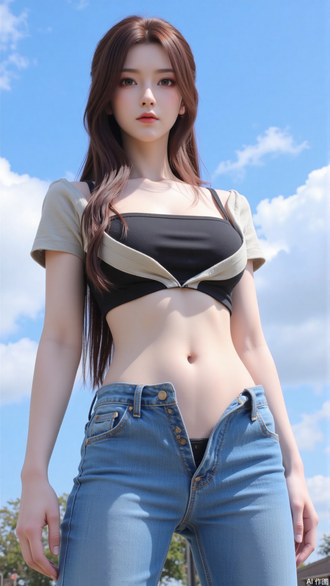 1girl, solo, long hair, breasts, looking at viewer, large breasts, brown hair, shirt, navel, brown eyes, underwear, panties, outdoors, sky, day, midriff, pants, cloud, blue sky, from below, denim, jeans, blue panties, open fly