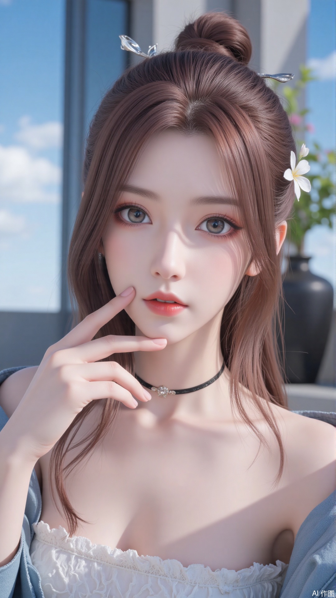 Very detailed face, extremely detailed eyes and face, blue eyes, (vacuum), 8K wallpaper, light leak, beautiful and detailed girl, extremely detailed CGUnity8K wallpaper, an extremely detailed and beautiful, beautiful and detailed eyes, masterpiece, best quality, Real photo level, (frontal shooting panoramic perspective), ( (Full body photo)), dynamic angle, dynamic pose, solo, ancient style silver hairpin with petals, blue sky and white clouds, (C cup), (huge round breasts), slender legs, super good figure, stunning beauty, (whole body in the mirror) , (wearing Lolita nightgown), (light reflects the shadow of the body through the clothes),vacuum,bare and smooth