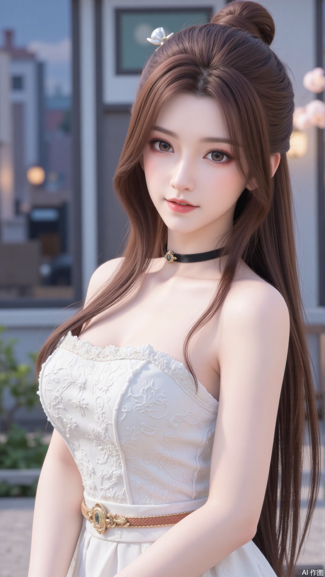 1girl, white wedding dress,looking at viewer, mischevious smile, perfect body, scenery, sharp focus, best quality, masterpiece, detailed outfit, illustration, perfect eyes, finely detailed beautiful anime eyes, realistic skin, intricate details, best lighting, depth of field, ultra high resolution, cowboy_shot, bride