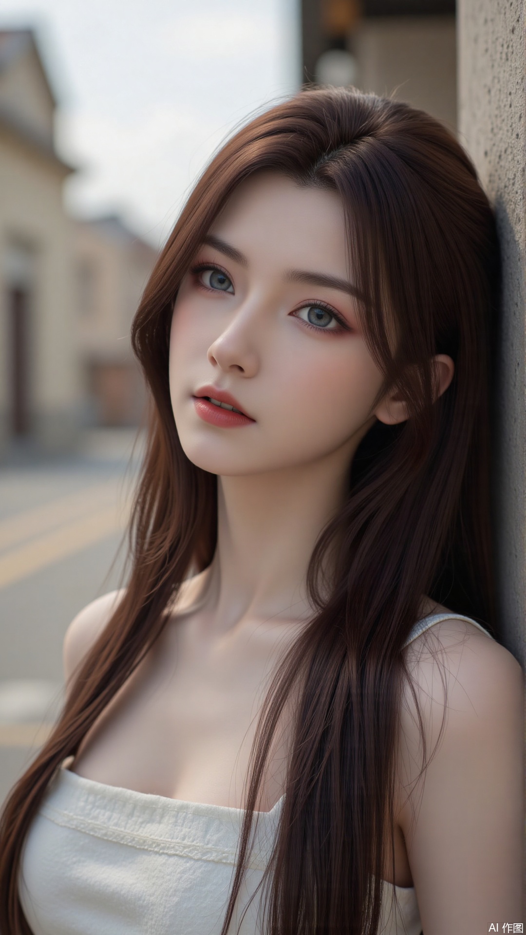  a asian woman, sexy long hair, blue eyes, charming and seductive temperament, distant close-up, golden ratio, movie texture, minimalism, high-end feeling, strong contrast between cold and warm, outdoor scenes, 