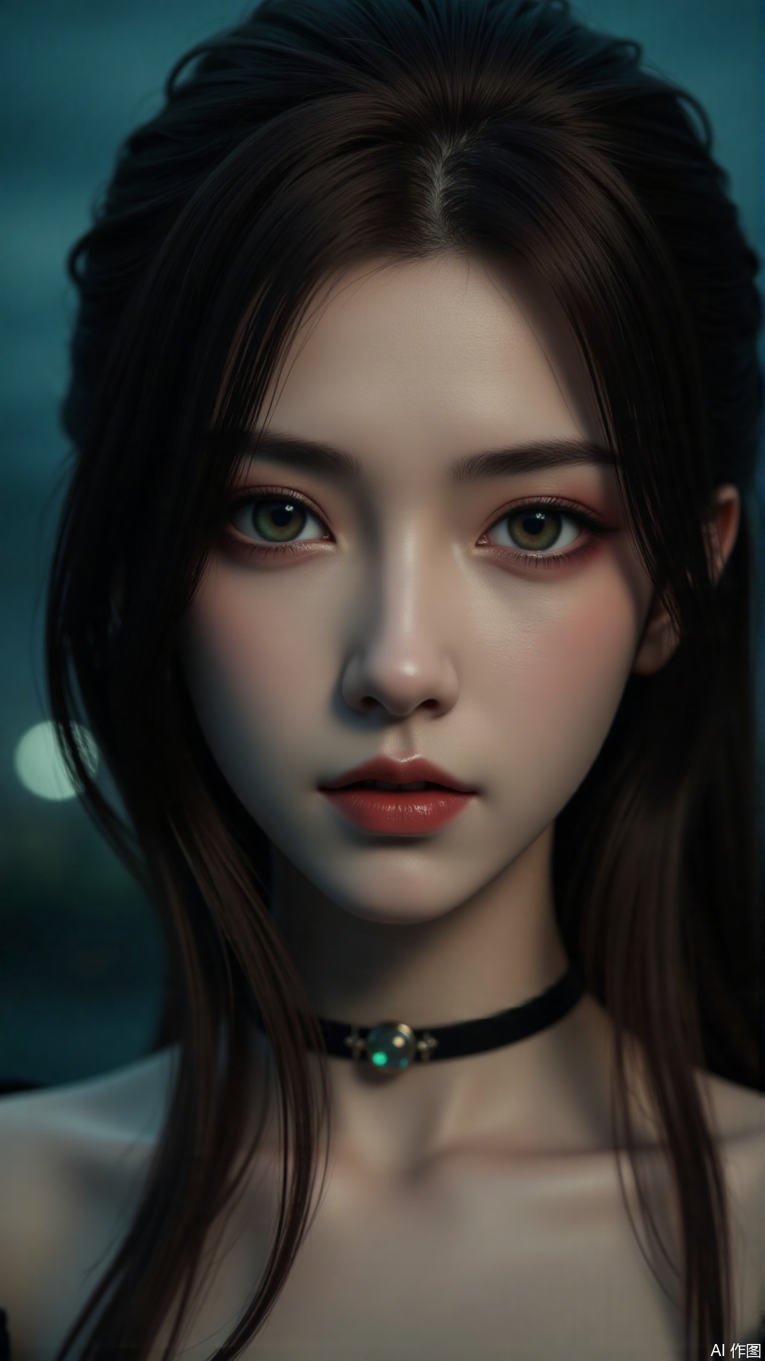 Intense gaze of woman with heterochromatic eyes, one emerald and one amber, raindrops suspended on skin creating micro-reflections, wind-swept hair forming abstract patterns against stormy background, cinematic color grading with teal and orange tones