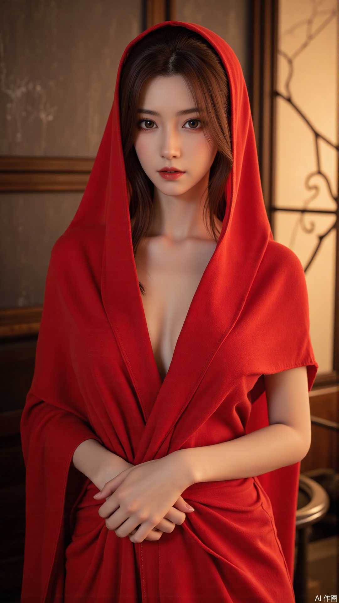 A stunning 18-year-old Chinese woman wraps herself in a vibrant red scarf, posing seductively against a sleek, modern backdrop. Soft, golden lighting accentuates her porcelain complexion and luscious locks. The camera captures the dramatic play of shadows on her features as she confidently flaunts her curves.
