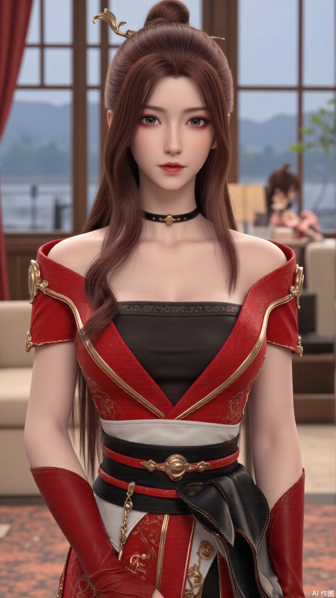  masterpiece,best quality,1girl, breasts, long hair, red dress, bare_shoulders, cowboy shot