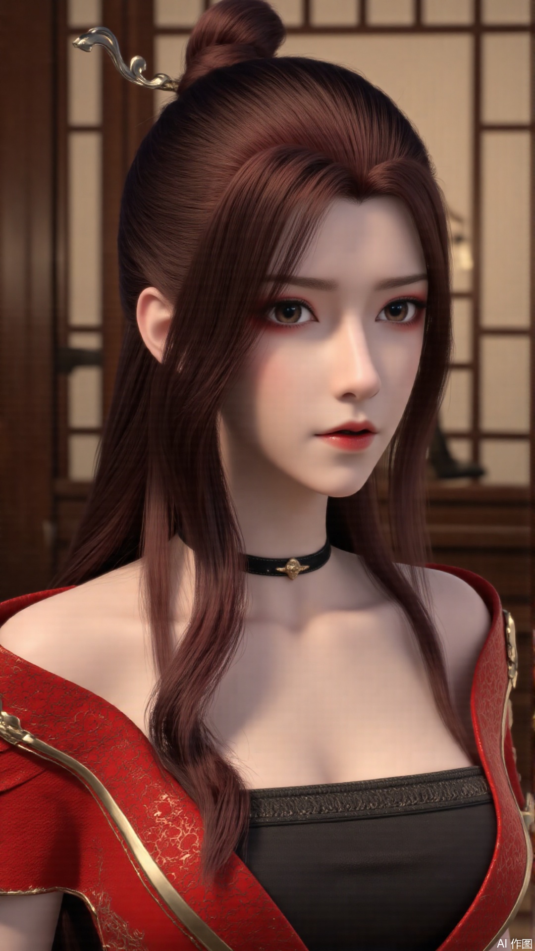  masterpiece,best quality,1girl, breasts, long hair, red dress, bare_shoulders, cowboy shot