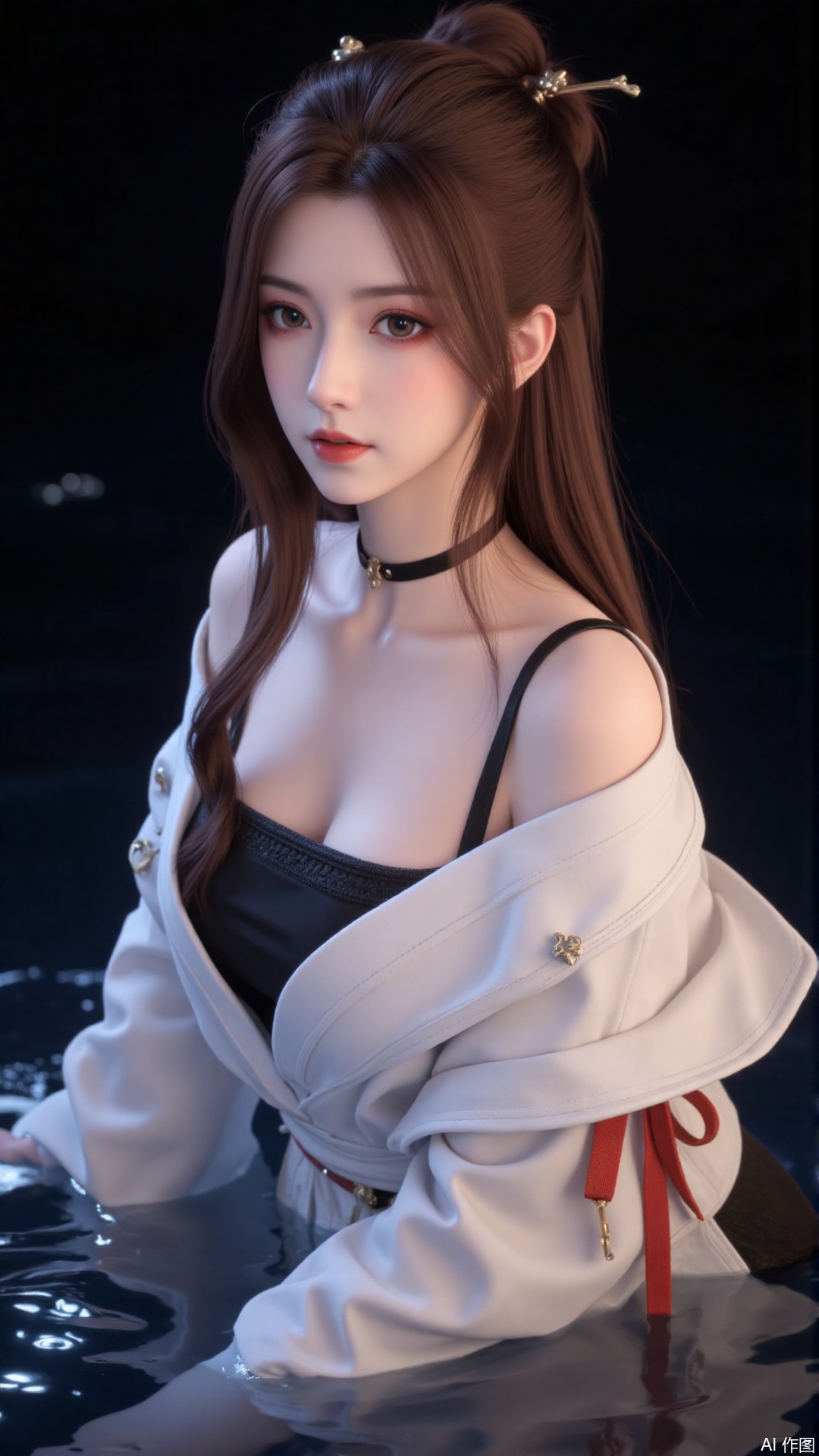 1girl, solo, long hair, red lips,looking at viewer, upper body, glowing hair,hair ornament,white sling shirt,bare shoulders,in water,hair bun,ribbon,earrings,black background,light,dark background