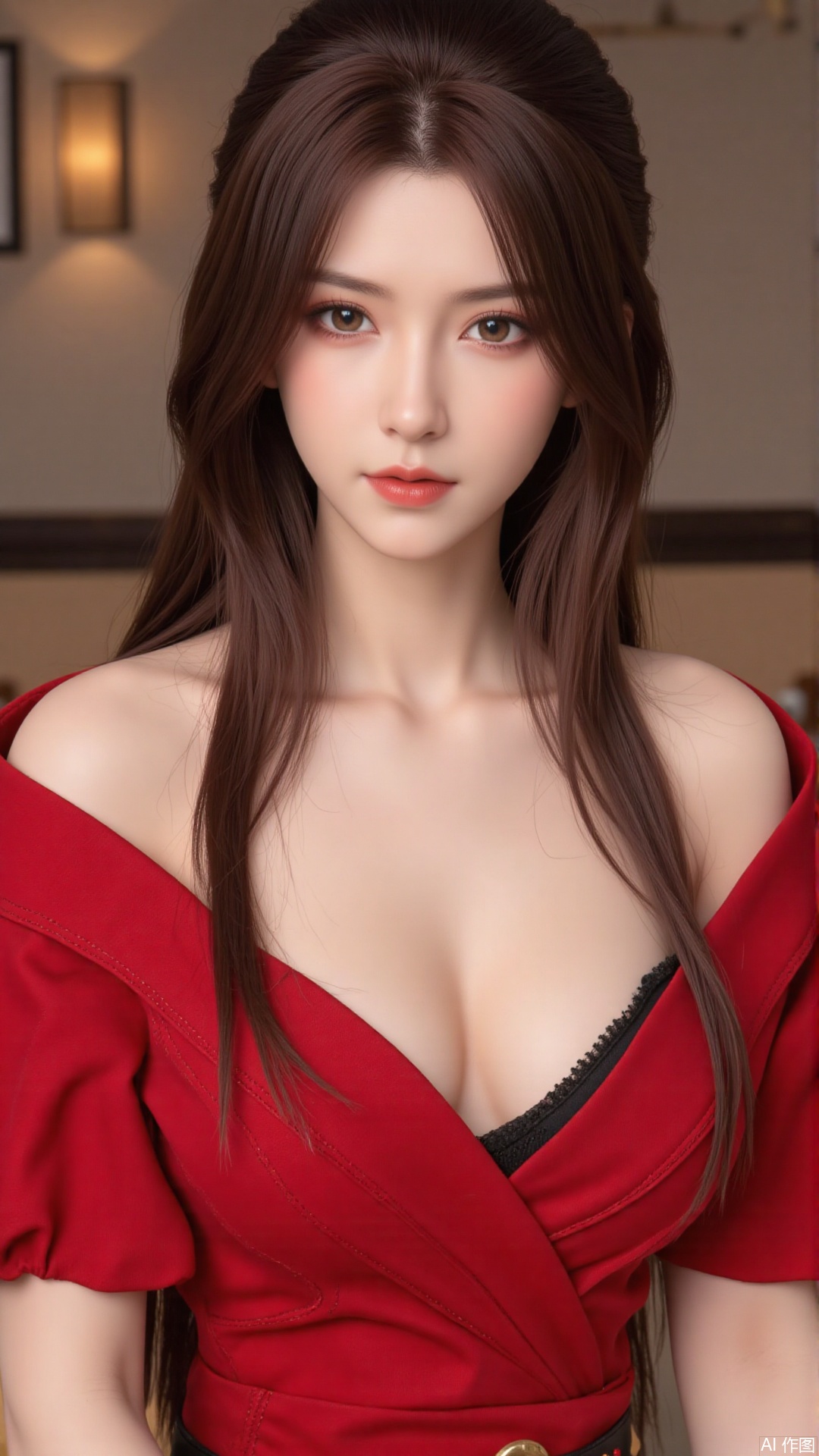  masterpiece,best quality,1girl, breasts, long hair, red dress, bare_shoulders, cowboy shot