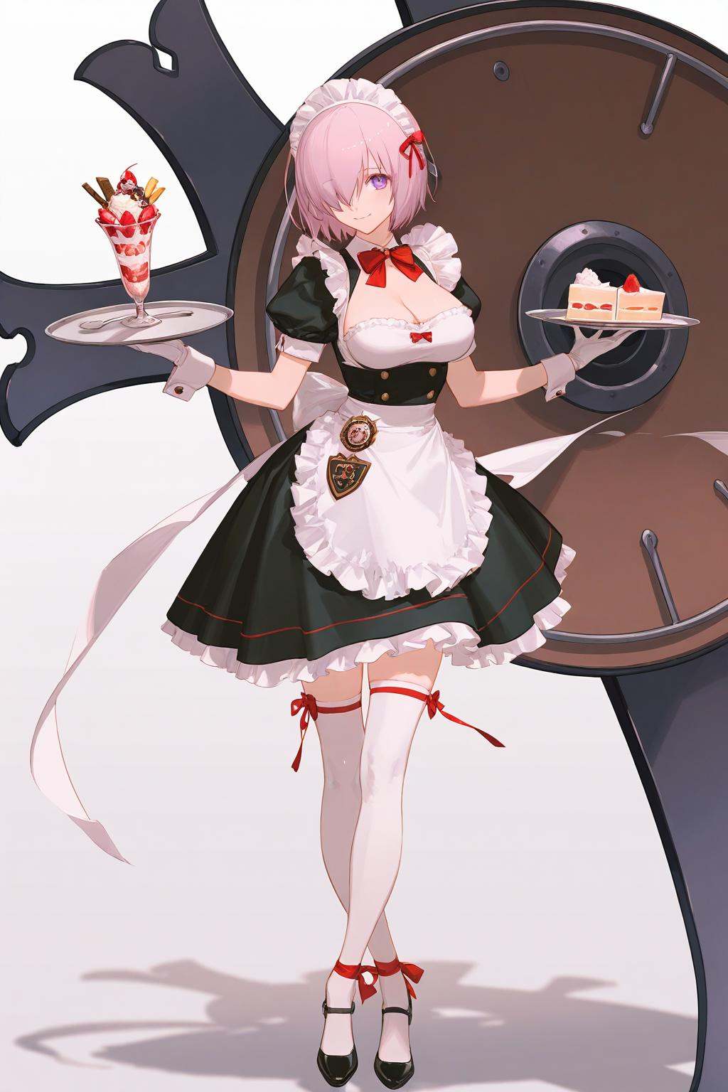 artist:ask_(askzy),artist:yolanda,[artist:WANKE],artist:ciloranko BREAK Simple Flat Coloring,shiny skin,very aesthetic,high definition,masterpiece,illustration,best quality, -1girl, mash kyrielight, breasts, tray, alternate costume, shield, lord camelot \(fate\), solo, apron, hair over one eye, white background, short hair, purple eyes, holding tray, short sleeves, holding, thighhighs, food, cleavage, simple background, maid headdress, maid, ankle ribbon, wrist cuffs, large breasts, looking at viewer, enmaided, cup, sundae, dress, smile, puffy short sleeves, waist apron, bow, full body, black footwear, frills, leg ribbon, ice cream, puffy sleeves, black dress, teacup, white thighhighs, maid apron, standing, holding shield, pink hair, cake, coffee, cake slice, parfait, gloves, shoes, bowtie, ribbon, light purple hair, bangs, badge, fruit, white apron, jewelry, closed mouth, strawberry, socks, spoon, frilled apron
