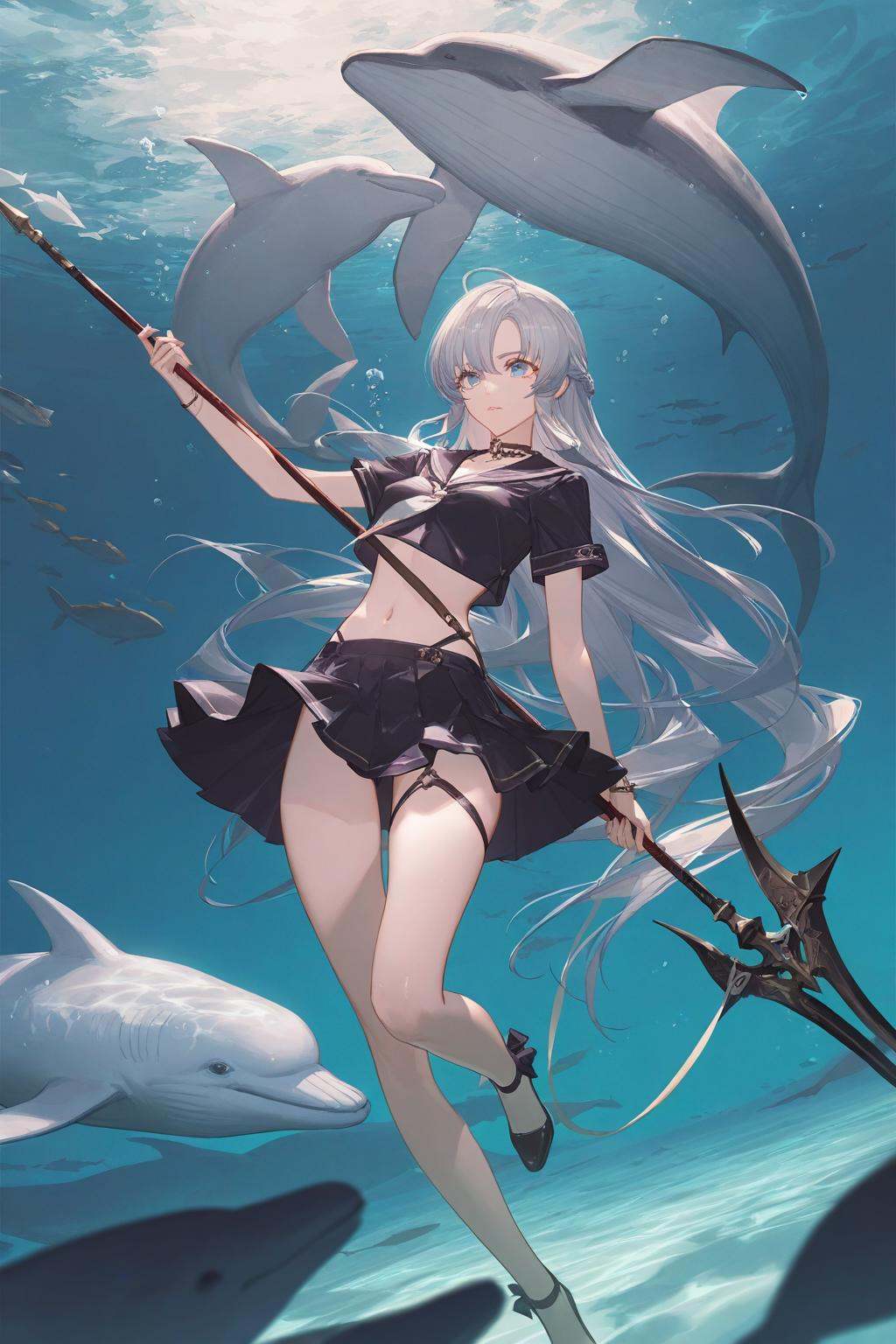 artist:ask_(askzy),artist:yolanda,[artist:WANKE],artist:ciloranko BREAK Simple Flat Coloring,shiny skin,very aesthetic,high definition,masterpiece,illustration,best quality, -1girl, long hair, fish, weapon, solo, blue eyes, dolphin, whale, very long hair, navel, polearm, holding, underwater, skirt