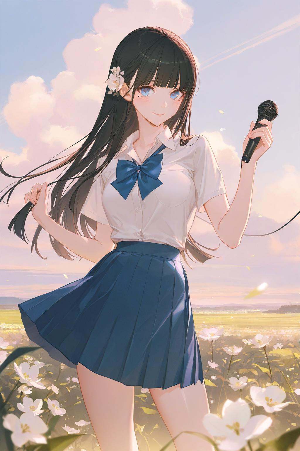 artist:ask_(askzy),artist:yolanda,[artist:WANKE],artist:ciloranko BREAK Simple Flat Coloring,shiny skin,very aesthetic,high definition,masterpiece,illustration,best quality, -first love, 1girl, solo, flower, blue eyes, long hair, smile, hair ornament, skirt, microphone, looking at viewer, shirt, mole under eye, bangs, blush, hair flower, mole, bow, white shirt, short sleeves, black hair, blue skirt, blunt bangs, outdoors, day, bowtie, holding, school uniform, pleated skirt, collared shirt, blue bow, sky, cloud, closed mouth