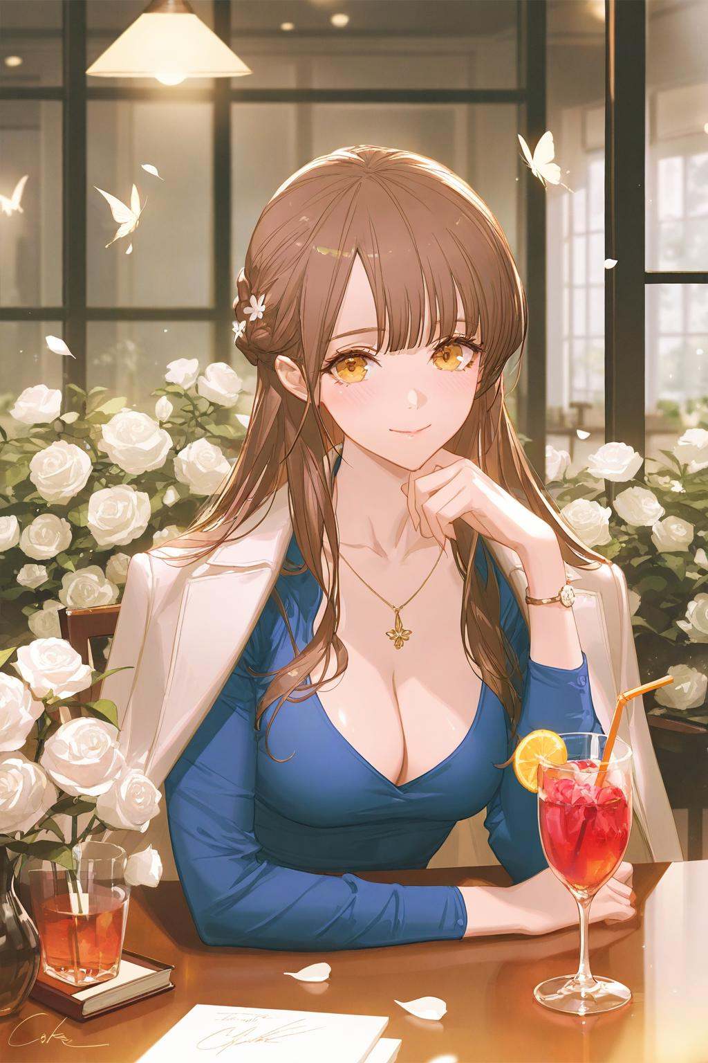 artist:ask_(askzy),artist:yolanda,[artist:WANKE],artist:ciloranko BREAK Simple Flat Coloring,shiny skin,very aesthetic,high definition,masterpiece,illustration,best quality, -1girl, solo, long hair, brown hair, smile, butterfly, flower, drinking glass, looking at viewer, cup, long sleeves, table, white flower, bangs, bug, necklace, closed mouth, breasts, drinking straw, jewelry, yellow eyes, jacket, sitting, rose, signature, cleavage, white rose, braid, brown eyes, indoors, collarbone, book, petals, blush, upper body, jacket on shoulders, blue shirt