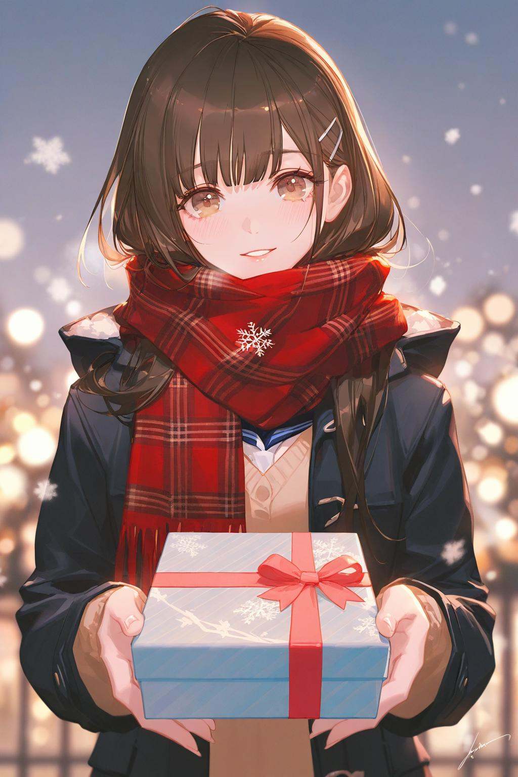 artist:ask_(askzy),artist:yolanda,[artist:WANKE],artist:ciloranko BREAK Simple Flat Coloring,shiny skin,very aesthetic,high definition,masterpiece,illustration,best quality, -1girl, solo, scarf, gift, looking at viewer, smile, brown hair, holding, red scarf, hair ornament, plaid scarf, snowflakes, brown eyes, upper body, blush, holding gift, bangs, blurry, jacket, plaid, christmas, hairclip, blurry background, long sleeves, signature, school uniform, hood, gift box, enpera, box, depth of field, black jacket, long hair, outdoors, incoming gift, parted lips, open clothes