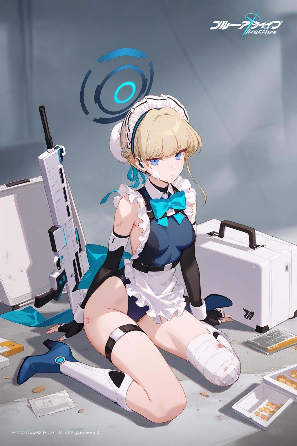 artist:ask_(askzy),artist:yolanda,[artist:WANKE],artist:ciloranko BREAK Simple Flat Coloring,shiny skin,very aesthetic,high definition,masterpiece,illustration,best quality, -1girl, toki \(blue archive\), solo, halo, blue halo, maid headdress, blonde hair, leotard, blue eyes, bow, bandages, sitting, bandaid, apron, bowtie, breasts, high heels, blue leotard, blue bow, wariza, looking at viewer, boots, first aid kit, injury, gloves, bun cover, blue bowtie, thigh strap, high heel boots, bandaged leg, elbow gloves, hair bun, bandaid on face, assault rifle, highleg leotard, bruise, frills, gun, briefcase, bare shoulders, highleg, maid apron, full body, maid, white apron, black gloves, suitcase, medium breasts