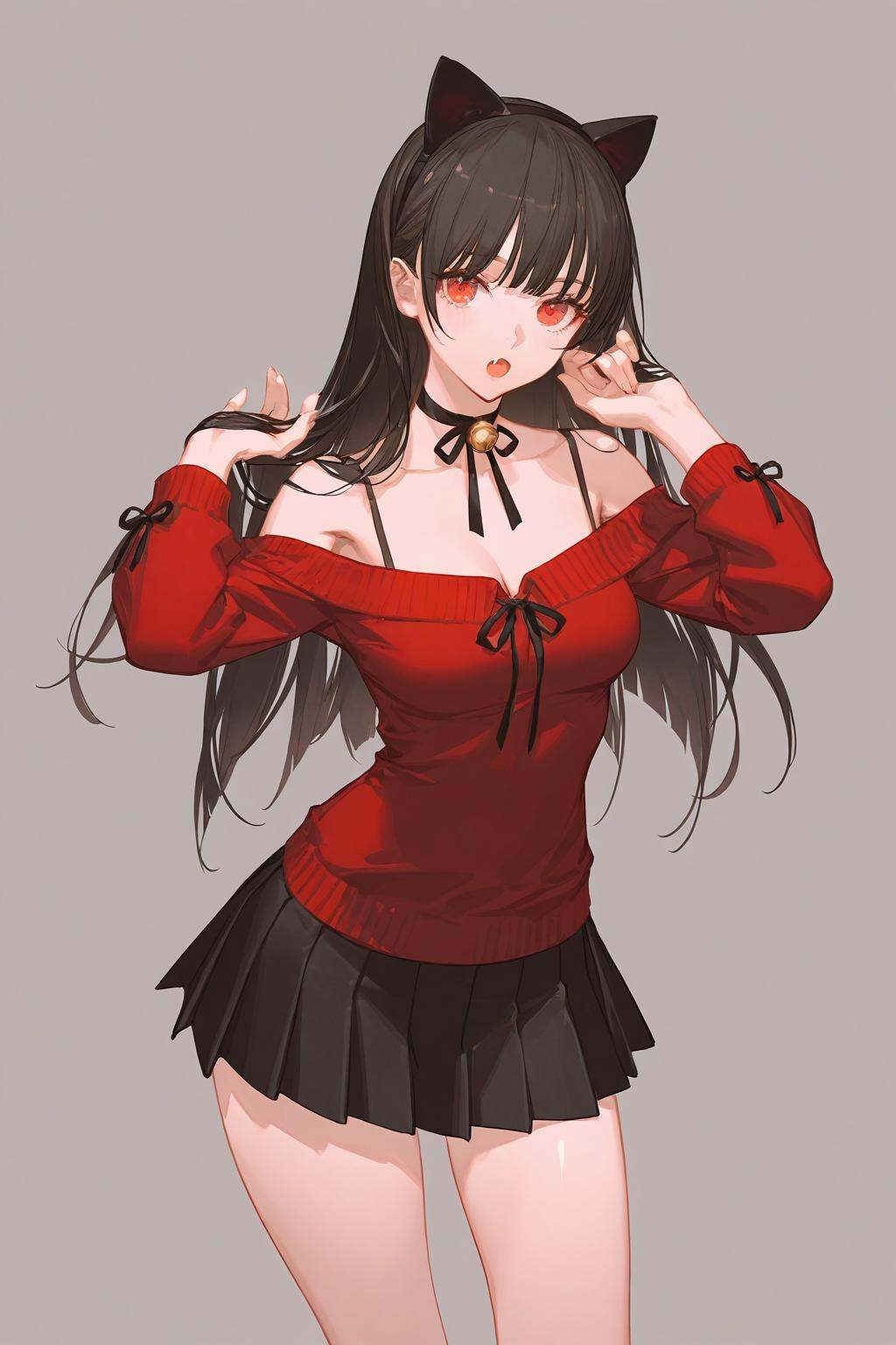 artist:ask_(askzy),artist:yolanda,[artist:WANKE],artist:ciloranko BREAK Simple Flat Coloring,shiny skin,very aesthetic,high definition,masterpiece,illustration,best quality, -1girl, solo, long hair, animal ears, open mouth, red eyes, black hair, ribbon choker, skirt, black skirt, off shoulder, looking at viewer, choker, cat ears, long sleeves, bare shoulders, red shirt, shirt, simple background, bra strap, miniskirt, cowboy shot, fake animal ears, black choker, ribbon, breasts, collarbone, off-shoulder shirt, bangs, black ribbon, medium breasts, neck ribbon, standing, :o, fang, red sweater, bra, hairband, pleated skirt, bell, underwear, grey background