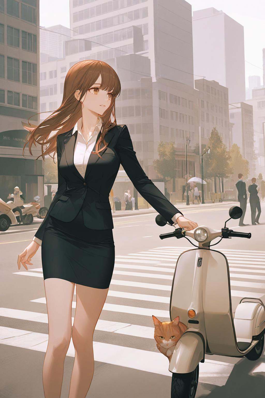 artist:ask_(askzy),artist:yolanda,[artist:WANKE],artist:ciloranko BREAK Simple Flat Coloring,shiny skin,very aesthetic,high definition,masterpiece,illustration,best quality, -scooter, 1girl, ground vehicle, motor vehicle, skirt, long hair, brown hair, helmet, jacket, pencil skirt, suit, brown eyes, formal, shirt, office lady, black skirt, white shirt, solo focus, outdoors, cat, black jacket, skirt suit, building, road, crosswalk, collared shirt, hat