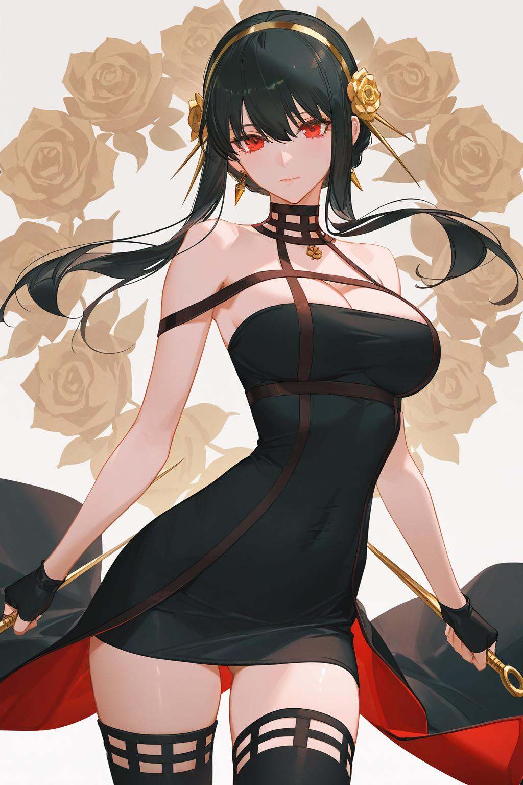 artist:ask_(askzy),artist:yolanda,[artist:WANKE],artist:ciloranko BREAK Simple Flat Coloring,shiny skin,very aesthetic,high definition,masterpiece,illustration,best quality, -1girl, yor briar, solo, breasts, dress, red eyes, hairband, black hair, black dress, weapon, gloves, gold hairband, holding, thighhighs, hair ornament, fingerless gloves, cleavage, flower, looking at viewer, holding weapon, black gloves, large breasts, jewelry, two-sided dress, earrings, two-sided fabric, bare shoulders, sidelocks, hair flower, simple background, black thighhighs, dagger, closed mouth, rose, long hair, bangs, white background, knife, cowboy shot, dual wielding, gold earrings, hair between eyes