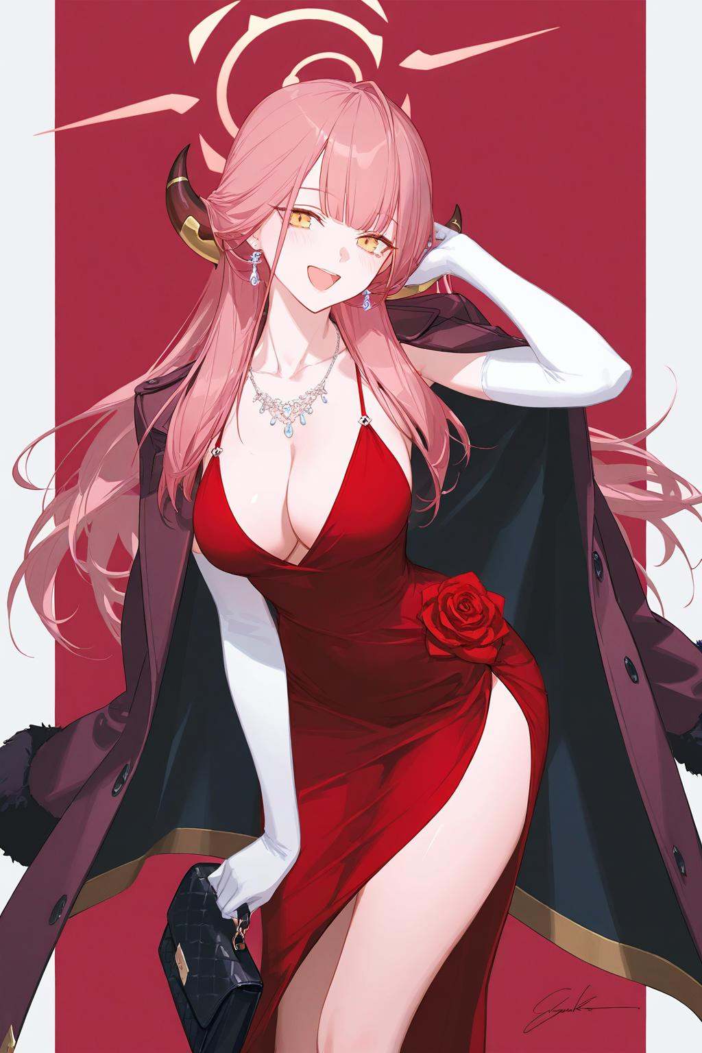 artist:ask_(askzy),artist:yolanda,[artist:WANKE],artist:ciloranko BREAK Simple Flat Coloring,shiny skin,very aesthetic,high definition,masterpiece,illustration,best quality, -1girl, aru (blue archive),gloves, jewelry, solo, white gloves, horns, breasts, dress, long hair, pink hair, necklace, earrings, looking at viewer, smile, holding, cleavage, open mouth, bangs, red dress, :d, halo, signature, blush, red background, coat on shoulders, rose, large breasts, elbow gloves, holding bag, yellow eyes, jacket on shoulders, collarbone, bag, jacket, thighs, handbag, standing