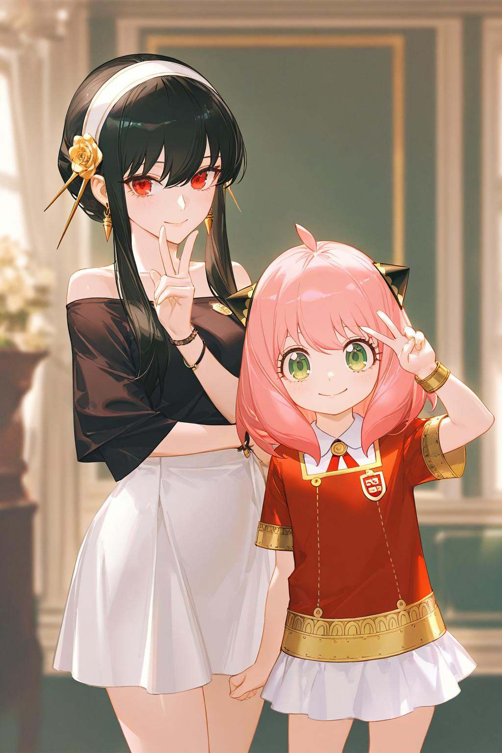 artist:ask_(askzy),artist:yolanda,[artist:WANKE],artist:ciloranko BREAK Simple Flat Coloring,shiny skin,very aesthetic,high definition,masterpiece,illustration,best quality, -anya \(spy x family\), female child, multiple girls, yor briar, 2girls, jewelry, red eyes, white skirt, long hair, green eyes, child, shirt, pink hair, smile, looking at viewer, black hair, earrings, hairband, skirt, off shoulder, white hairband, off-shoulder shirt, bangs, v, closed mouth, blurry background, red shirt, eden academy school uniform, hair ornament, flower, bare shoulders, bracelet, gold earrings, hair flower, blurry, hair between eyes, dress, ahoge, short sleeves, school uniform