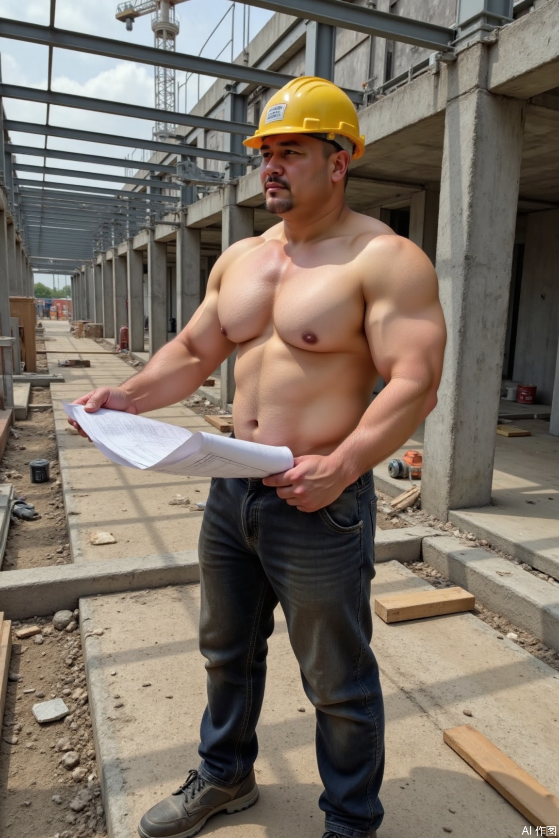 This photo depicts a construction worker standing on a construction site, topless, yellow safety helmet, dark work pants, and labor protection shoes. His chest muscles are very large and tall, and he holds the building drawings with both hands, looking focused. The background is an unfinished steel and cement building structure, surrounded by scattered building materials and tools, and the outline of a crane can be seen in the distance.