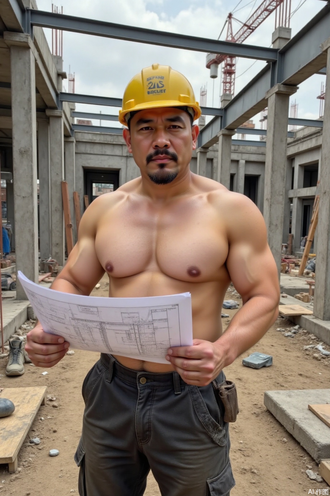 This photo depicts a construction worker standing on a construction site, topless, yellow safety helmet, dark work pants, and labor protection shoes. His chest muscles are very large and tall, and he holds the building drawings with both hands, looking focused. The background is an unfinished steel and cement building structure, surrounded by scattered building materials and tools, and the outline of a crane can be seen in the distance.