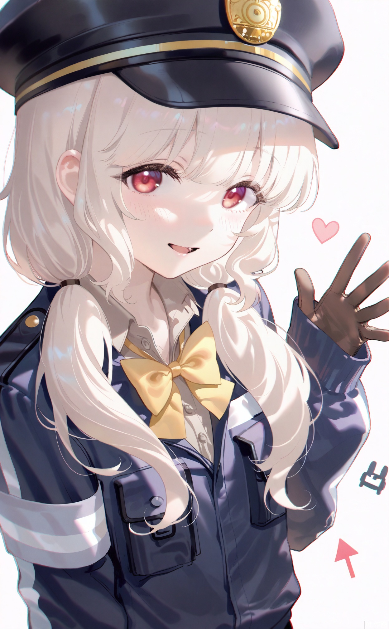 masterpiece,very aware,highres,absurdres,newest,best quality,loli,petite,high quality,chromatic_aberration,cinematic_angle,dutch angle,blurry_foreground,
//,
aoba_\(blue_archive\), 1girl, yellow_bow, yellow_bowtie, bow, bowtie, solo, white_background, hat, gloves, shirt, pocket, collared_shirt, breast_pocket, looking_at_viewer, simple_background, jacket, upper_body, long_hair, hand_up, waving, red_eyes, grey_shirt, long_sleeves, police_hat, low_twintails, armband, brown_shirt, twintails, smile, blonde_hair, uniform, open_mouth, sleeves_past_wrists, brown_gloves, black_jacket, sidelocks, blush, parted_lips, white_hair, light_blush, police, black_headwear, arrow_\(symbol\), police_uniform, blue_jacket, arm_at_side, peaked_cap
//, 
photorealistic,Artist:na-ga,(quasarcake:0.2),(wanke:0.9),[Artist:chen bin],Artist:tidsean,[Artist:sk (askzy)],(artist:tokkyu:0.5),(artist:momoko \(momopoco\):0.5),himitsu_(hi_mi_tsu_2),
//, 
