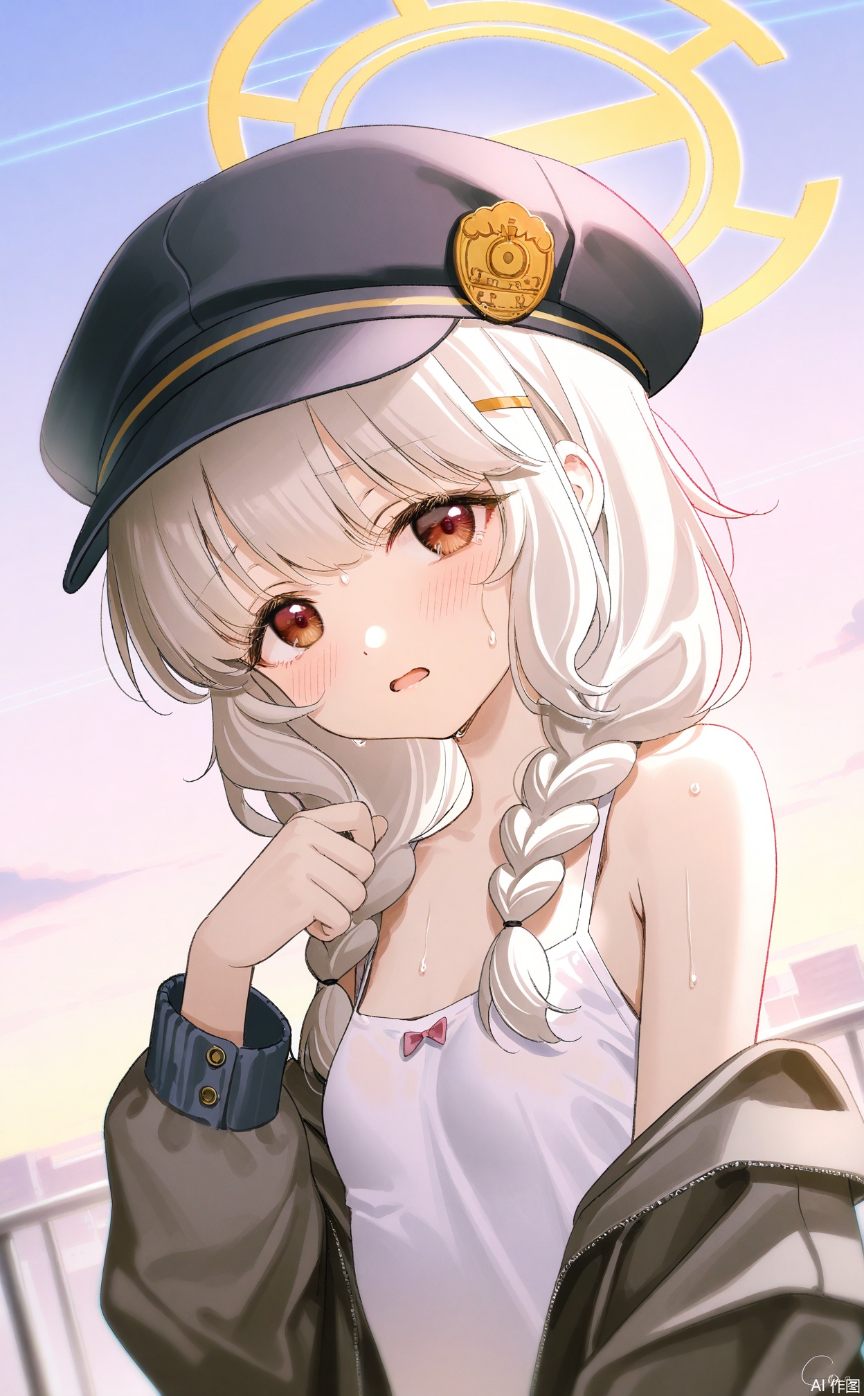 masterpiece,very aware,highres,absurdres,newest,best quality,loli,petite,high quality,chromatic_aberration,cinematic_angle,dutch angle,blurry_foreground,
//,
aoba_\(blue_archive\), 1girl, solo, blush, halo, hat, open_mouth, looking_at_viewer, long_hair, upper_body, yellow_halo, sweat, braid, black_headwear, camisole, red_eyes, signature, breasts, white_camisole, small_breasts, brown_eyes, jacket, grey_hair, twin_braids, from_side, green_halo
//, 
photorealistic,Artist:na-ga,(quasarcake:0.2),(wanke:0.9),[Artist:chen bin],Artist:tidsean,[Artist:sk (askzy)],(artist:tokkyu:0.5),(artist:momoko \(momopoco\):0.5),himitsu_(hi_mi_tsu_2),
//, 

