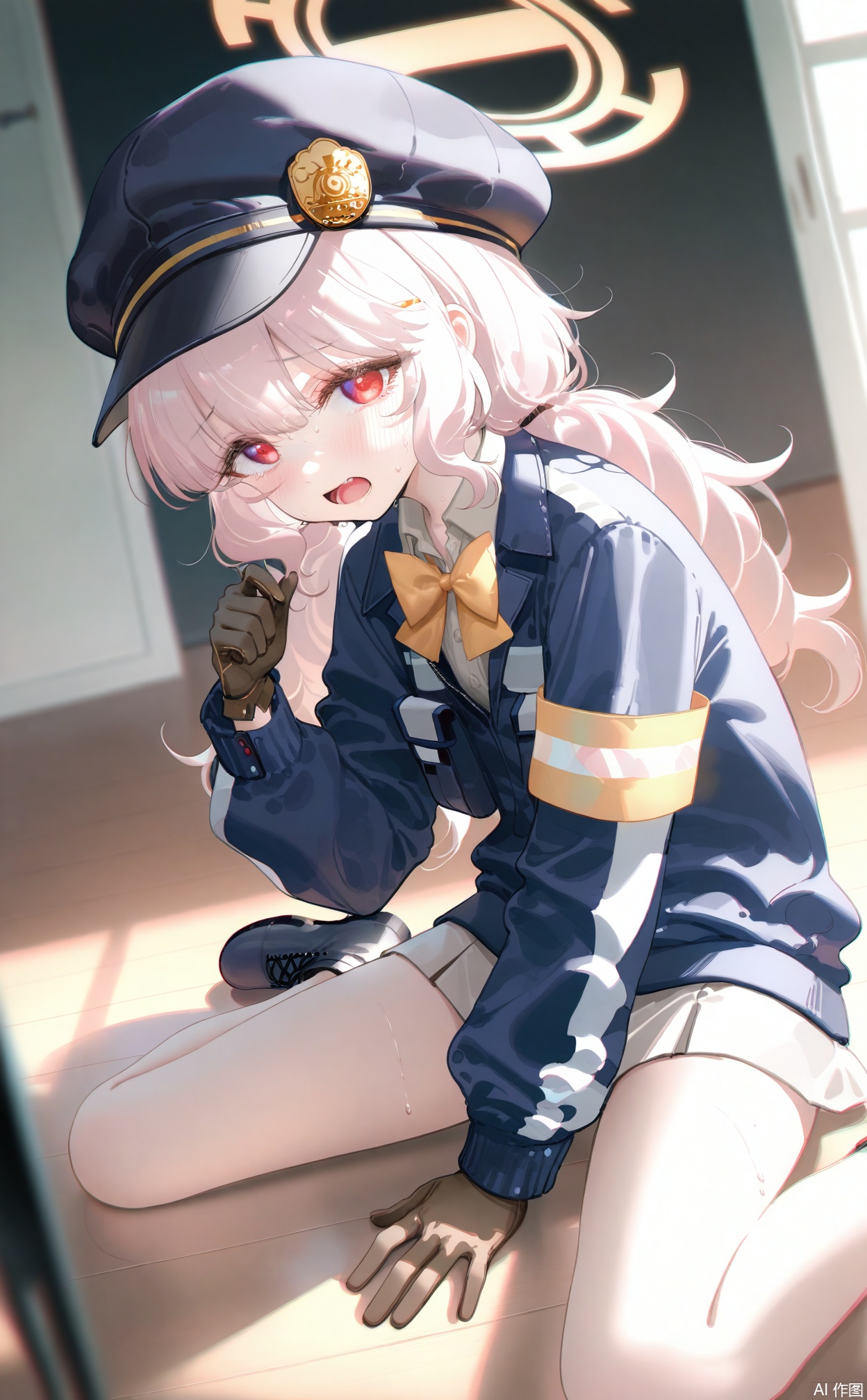 masterpiece,very aware,highres,absurdres,newest,best quality,loli,petite,high quality,chromatic_aberration,cinematic_angle,dutch angle,blurry_foreground,
//,
aoba_\(blue_archive\), 1girl, halo, solo, hat, wariza, red_eyes, gloves, sitting, looking_at_viewer, jacket, long_hair, open_mouth, blurry, twintails, shirt, armband, blurry_background, bow, sweat, on_floor, uniform, collared_shirt
//, 
photorealistic,Artist:na-ga,(quasarcake:0.2),(wanke:0.9),[Artist:chen bin],Artist:tidsean,[Artist:sk (askzy)],(artist:tokkyu:0.5),(artist:momoko \(momopoco\):0.5),himitsu_(hi_mi_tsu_2),
//, 
