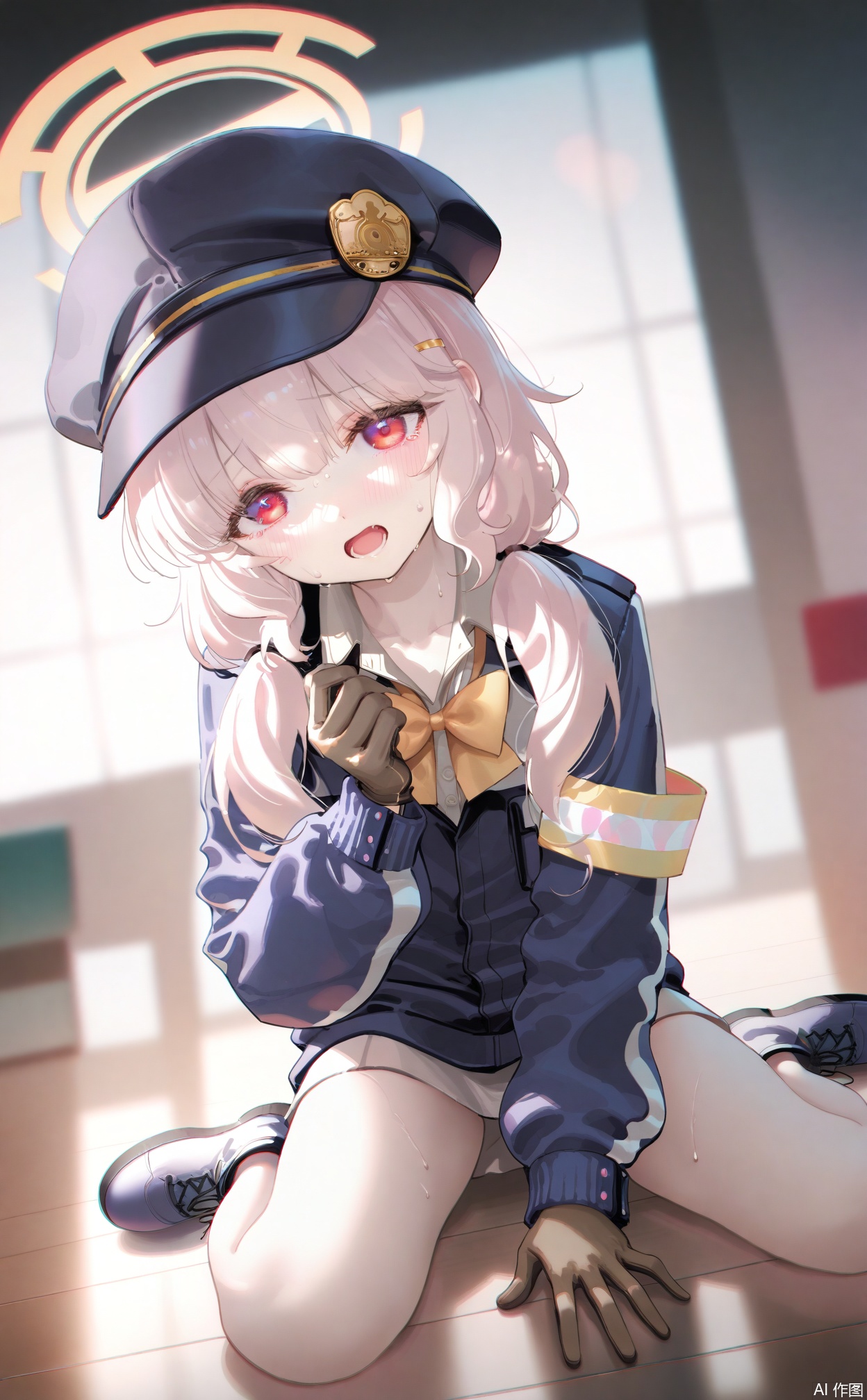 masterpiece,very aware,highres,absurdres,newest,best quality,loli,petite,high quality,chromatic_aberration,cinematic_angle,dutch angle,blurry_foreground,
//,
aoba_\(blue_archive\), 1girl, halo, solo, hat, wariza, red_eyes, gloves, sitting, looking_at_viewer, jacket, long_hair, open_mouth, blurry, twintails, shirt, armband, blurry_background, bow, sweat, on_floor, uniform, collared_shirt
//, 
photorealistic,Artist:na-ga,(quasarcake:0.2),(wanke:0.9),[Artist:chen bin],Artist:tidsean,[Artist:sk (askzy)],(artist:tokkyu:0.5),(artist:momoko \(momopoco\):0.5),himitsu_(hi_mi_tsu_2),
//, 
