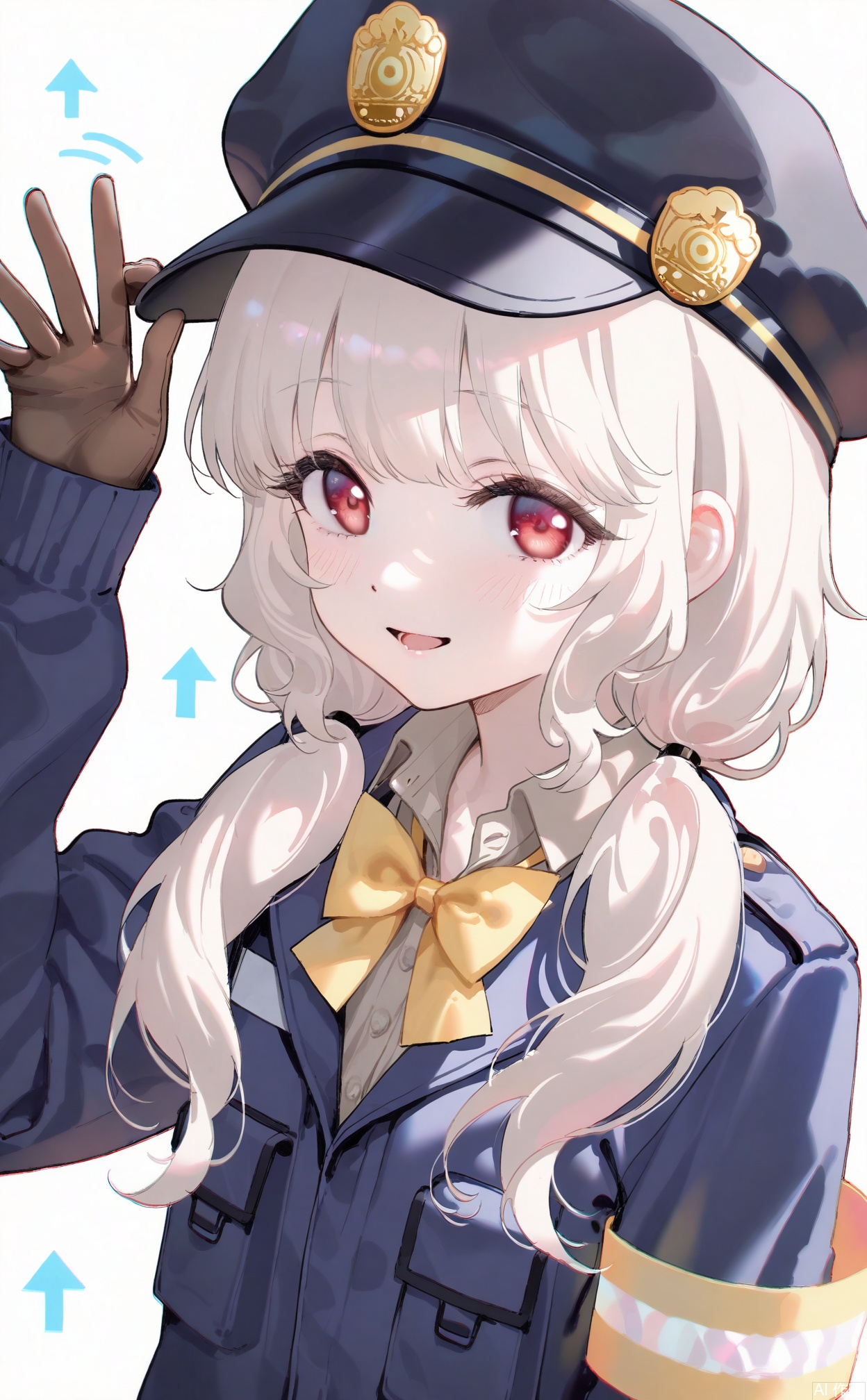 masterpiece,very aware,highres,absurdres,newest,best quality,loli,petite,high quality,chromatic_aberration,cinematic_angle,dutch angle,blurry_foreground,
//,
aoba_\(blue_archive\), 1girl, yellow_bow, yellow_bowtie, bow, bowtie, solo, white_background, hat, gloves, shirt, pocket, collared_shirt, breast_pocket, looking_at_viewer, simple_background, jacket, upper_body, long_hair, hand_up, waving, red_eyes, grey_shirt, long_sleeves, police_hat, low_twintails, armband, brown_shirt, twintails, smile, blonde_hair, uniform, open_mouth, sleeves_past_wrists, brown_gloves, black_jacket, sidelocks, blush, parted_lips, white_hair, light_blush, police, black_headwear, arrow_\(symbol\), police_uniform, blue_jacket, arm_at_side, peaked_cap
//, 
photorealistic,Artist:na-ga,(quasarcake:0.2),(wanke:0.9),[Artist:chen bin],Artist:tidsean,[Artist:sk (askzy)],(artist:tokkyu:0.5),(artist:momoko \(momopoco\):0.5),himitsu_(hi_mi_tsu_2),
//, 
