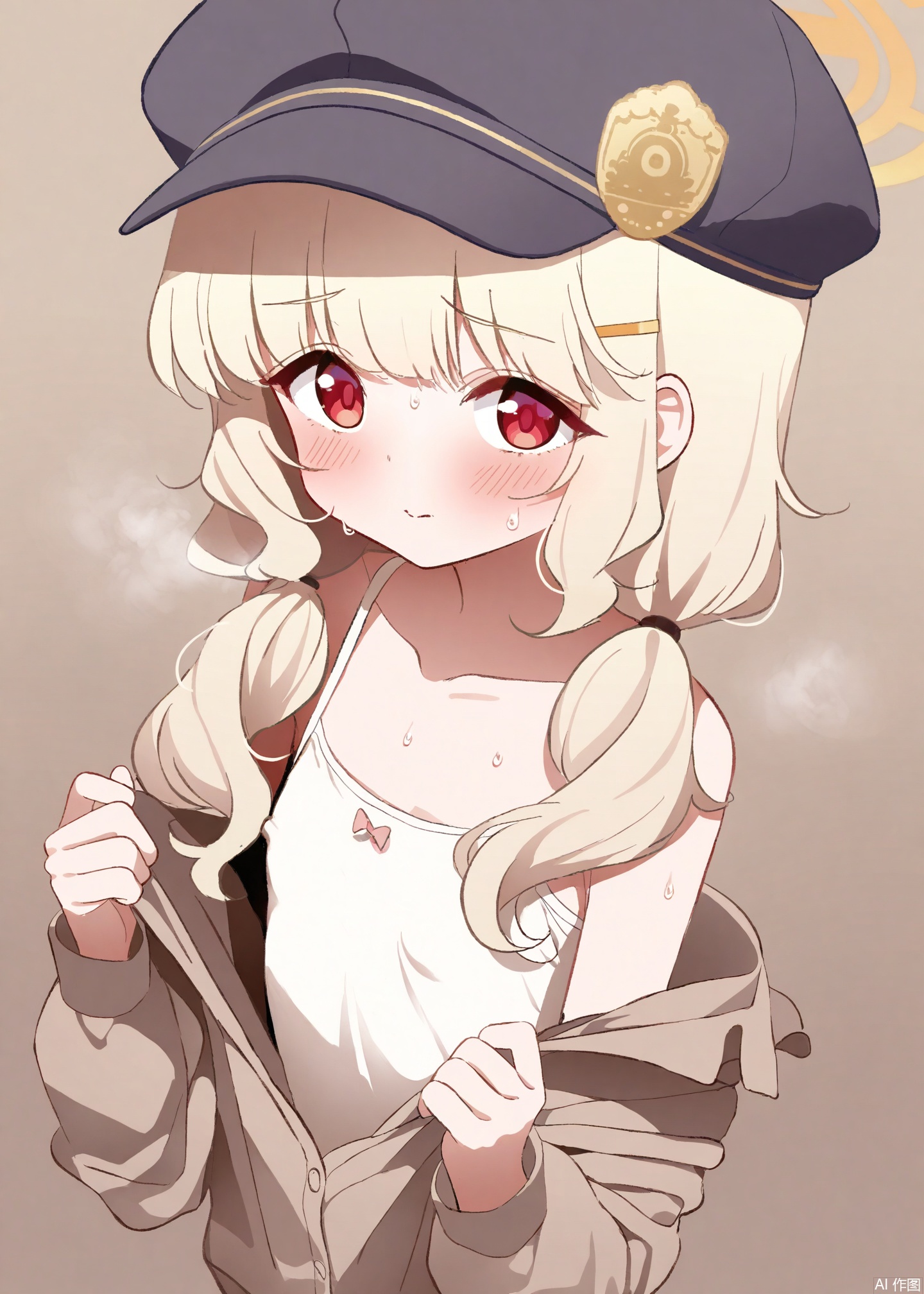 masterpiece,very aware,(highres),absurdres,newest,best quality,high quality,loli,petite,chromatic_aberration,dynamic_angle,cinematic_angle,
//,
aoba_\(blue_archive\), 1girl, solo, halo, white_camisole, red_eyes, hat, blonde_hair, simple_background, white_background, camisole, closed_mouth, blush, upper_body, yellow_halo, brown_jacket, jacket, long_hair, twintails, black_headwear, collarbone, small_breasts, breasts, low_twintails, cabbie_hat, open_clothes, sweat, looking_at_viewer, flat_chest, covered_nipples, long_sleeves
//,
//,artist:deyui,artist:doremi_(doremi4704),artist:mx2j,artist:yutokamizu,artist:child_(isoliya),