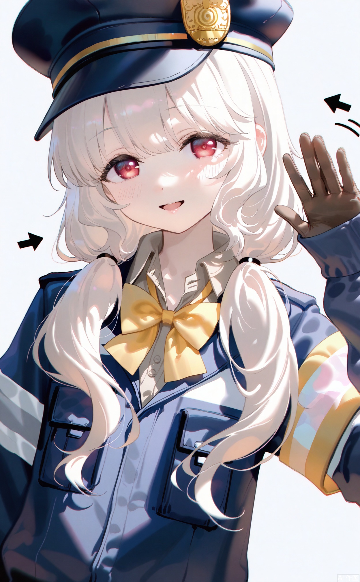 masterpiece,very aware,highres,absurdres,newest,best quality,loli,petite,high quality,chromatic_aberration,cinematic_angle,dutch angle,blurry_foreground,
//,
aoba_\(blue_archive\), 1girl, yellow_bow, yellow_bowtie, bow, bowtie, solo, white_background, hat, gloves, shirt, pocket, collared_shirt, breast_pocket, looking_at_viewer, simple_background, jacket, upper_body, long_hair, hand_up, waving, red_eyes, grey_shirt, long_sleeves, police_hat, low_twintails, armband, brown_shirt, twintails, smile, blonde_hair, uniform, open_mouth, sleeves_past_wrists, brown_gloves, black_jacket, sidelocks, blush, parted_lips, white_hair, light_blush, police, black_headwear, arrow_\(symbol\), police_uniform, blue_jacket, arm_at_side, peaked_cap
//, 
photorealistic,Artist:na-ga,(quasarcake:0.2),(wanke:0.9),[Artist:chen bin],Artist:tidsean,[Artist:sk (askzy)],(artist:tokkyu:0.5),(artist:momoko \(momopoco\):0.5),himitsu_(hi_mi_tsu_2),
//, 
