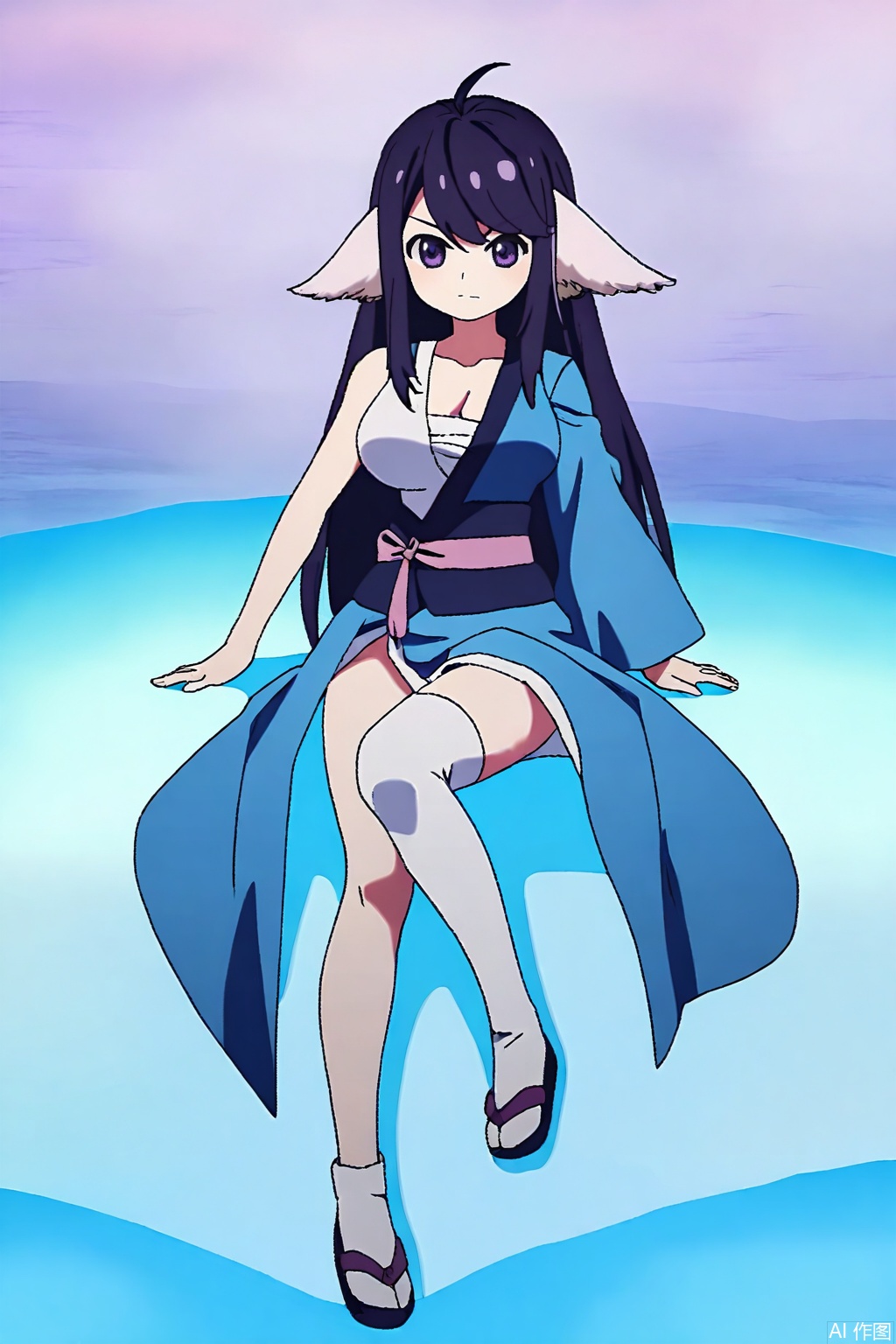 1girl, solo, long hair, breasts, looking at viewer, bangs, large breasts, black hair, animal ears, cleavage, closed mouth, purple eyes, collarbone, purple hair,japanese clothes, kimono, open kimono, single bare shoulder,Thigh exposed,thighhighs,looking at viewer,in a meadow,