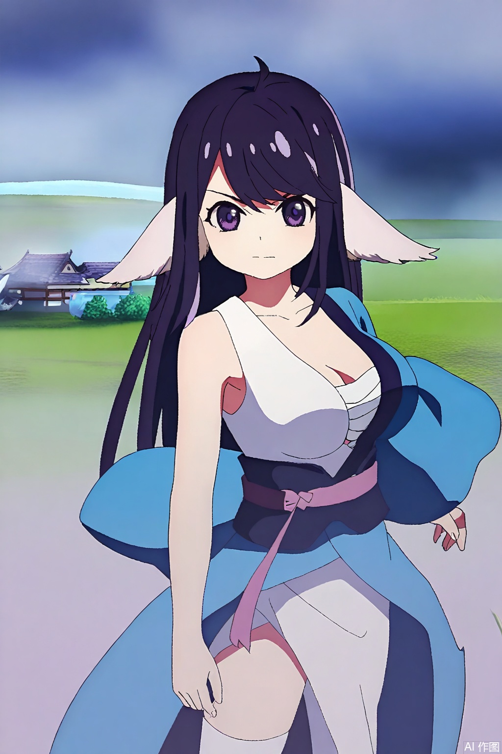 1girl, solo, long hair, breasts, looking at viewer, bangs, large breasts, black hair, animal ears, cleavage, closed mouth, purple eyes, collarbone, purple hair,japanese clothes, kimono, open kimono, single bare shoulder,Thigh exposed,thighhighs,looking at viewer,in a meadow,