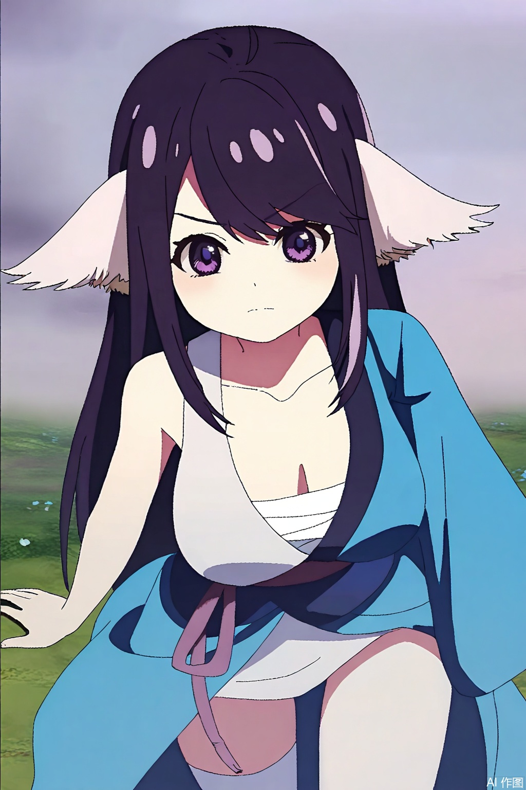 1girl, solo, long hair, breasts, looking at viewer, bangs, large breasts, black hair, animal ears, cleavage, closed mouth, purple eyes, collarbone, purple hair,japanese clothes, kimono, open kimono, single bare shoulder,Thigh exposed,thighhighs,looking at viewer,in a meadow,