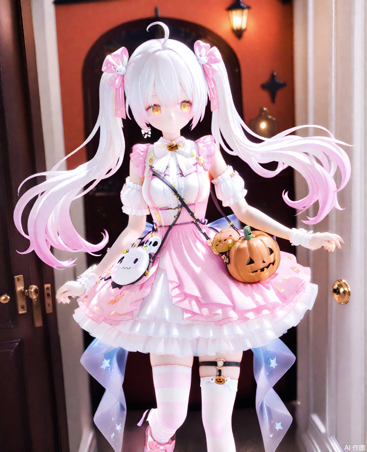 masterpiece,high quality,best quality,1girl,solo,long hair,breasts,bangs,thighhighs,dress,bow,twintails,yellow eyes,pink hair,ahoge,white hair,short sleeves,multicolored hair,frills,detached sleeves,shoes,striped,puffy sleeves,jack-o'-lantern crossbody bag,white dress,puffy short sleeves,gradient hair,thigh strap,frilled dress,pink dress,striped thighhighs,asymmetrical legwear,pink footwear,platform footwear,jijou