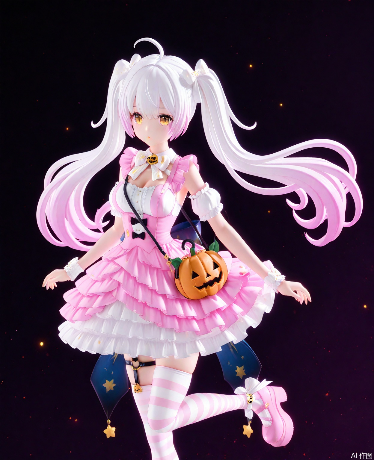 masterpiece,high quality,best quality,1girl,solo,long hair,breasts,bangs,thighhighs,dress,bow,twintails,yellow eyes,pink hair,ahoge,white hair,short sleeves,multicolored hair,frills,detached sleeves,shoes,striped,puffy sleeves,jack-o'-lantern crossbody bag,white dress,puffy short sleeves,gradient hair,thigh strap,frilled dress,pink dress,striped thighhighs,asymmetrical legwear,pink footwear,platform footwear,jijou