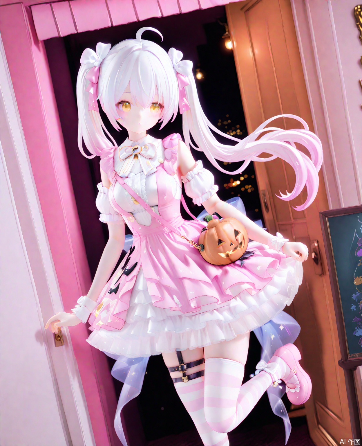 masterpiece,high quality,best quality,1girl,solo,long hair,breasts,bangs,thighhighs,dress,bow,twintails,yellow eyes,pink hair,ahoge,white hair,short sleeves,multicolored hair,frills,detached sleeves,shoes,striped,puffy sleeves,jack-o'-lantern crossbody bag,white dress,puffy short sleeves,gradient hair,thigh strap,frilled dress,pink dress,striped thighhighs,asymmetrical legwear,pink footwear,platform footwear,jijou