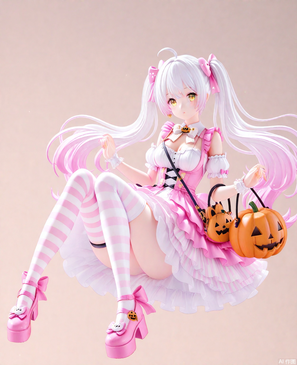 masterpiece,high quality,best quality,1girl,solo,long hair,breasts,bangs,thighhighs,dress,bow,twintails,yellow eyes,pink hair,ahoge,white hair,short sleeves,multicolored hair,frills,detached sleeves,shoes,striped,puffy sleeves,jack-o'-lantern crossbody bag,white dress,puffy short sleeves,gradient hair,thigh strap,frilled dress,pink dress,striped thighhighs,asymmetrical legwear,pink footwear,platform footwear,jijou