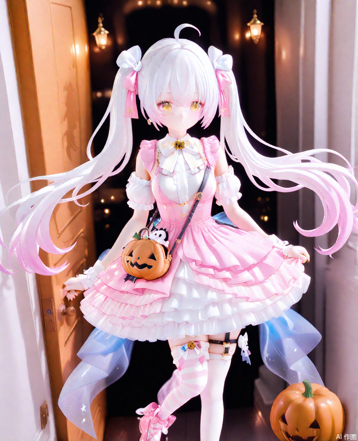 masterpiece,high quality,best quality,1girl,solo,long hair,breasts,bangs,thighhighs,dress,bow,twintails,yellow eyes,pink hair,ahoge,white hair,short sleeves,multicolored hair,frills,detached sleeves,shoes,striped,puffy sleeves,jack-o'-lantern crossbody bag,white dress,puffy short sleeves,gradient hair,thigh strap,frilled dress,pink dress,striped thighhighs,asymmetrical legwear,pink footwear,platform footwear,jijou