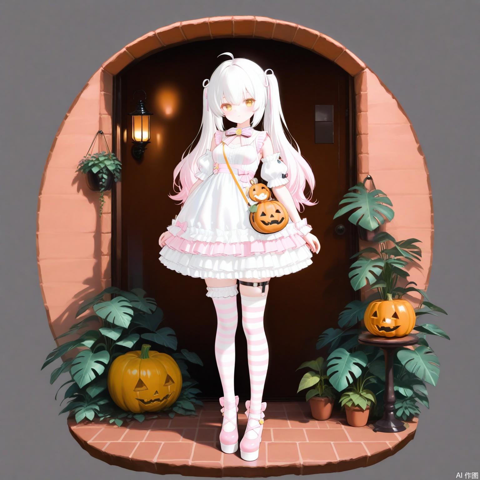 masterpiece,high quality,best quality,1girl,solo,long hair,breasts,bangs,thighhighs,dress,bow,twintails,yellow eyes,pink hair,ahoge,white hair,short sleeves,multicolored hair,frills,detached sleeves,shoes,striped,puffy sleeves,jack-o'-lantern bag,white dress,puffy short sleeves,gradient hair,thigh strap,frilled dress,pink dress,striped thighhighs,asymmetrical legwear,ink footwear,platform footwear,jijou