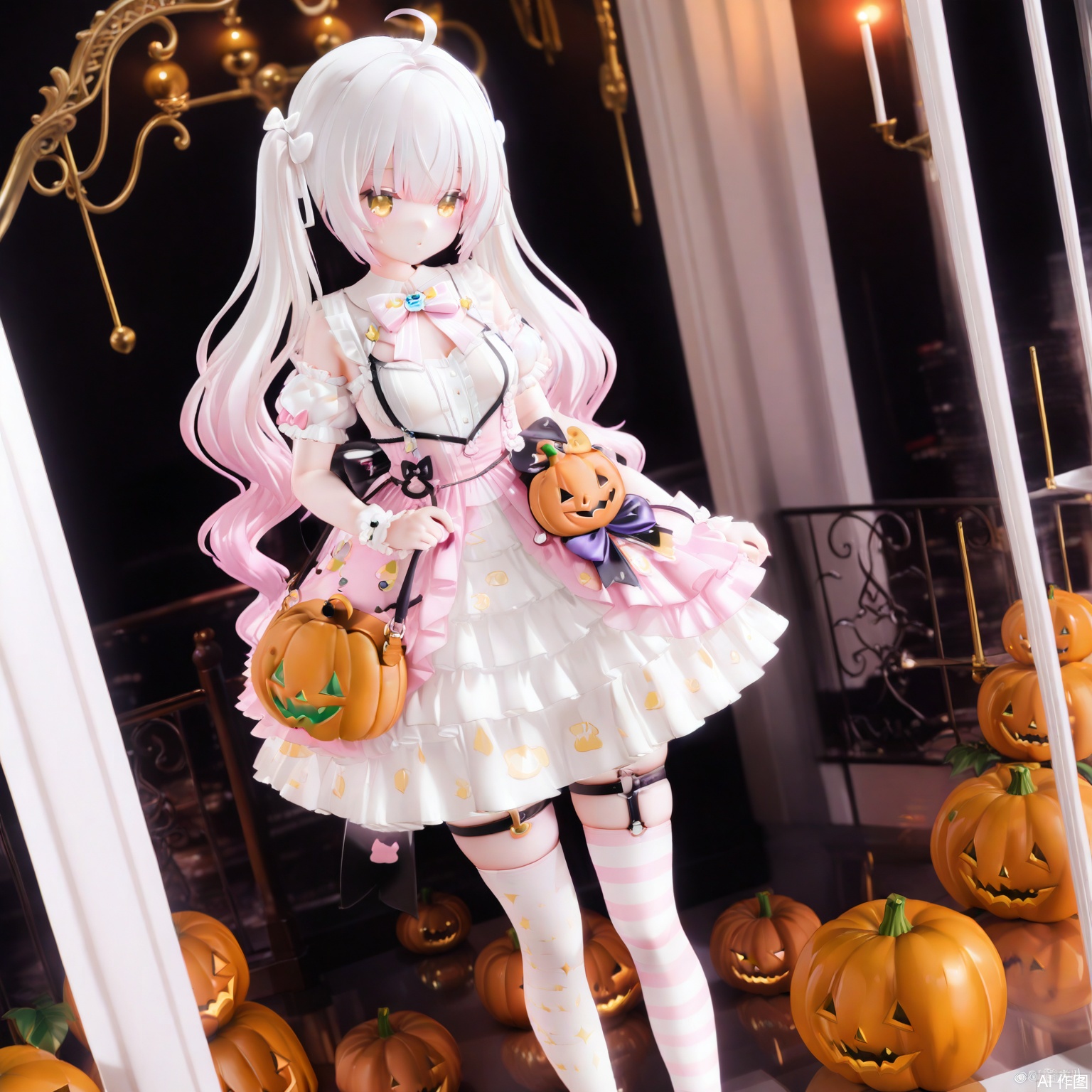 masterpiece,high quality,best quality,1girl,solo,long hair,breasts,bangs,thighhighs,dress,bow,twintails,yellow eyes,pink hair,ahoge,white hair,short sleeves,multicolored hair,frills,detached sleeves,shoes,striped,puffy sleeves,jack-o'-lantern bag,white dress,puffy short sleeves,gradient hair,thigh strap,frilled dress,pink dress,striped thighhighs,asymmetrical legwear,ink footwear,platform footwear,jijou