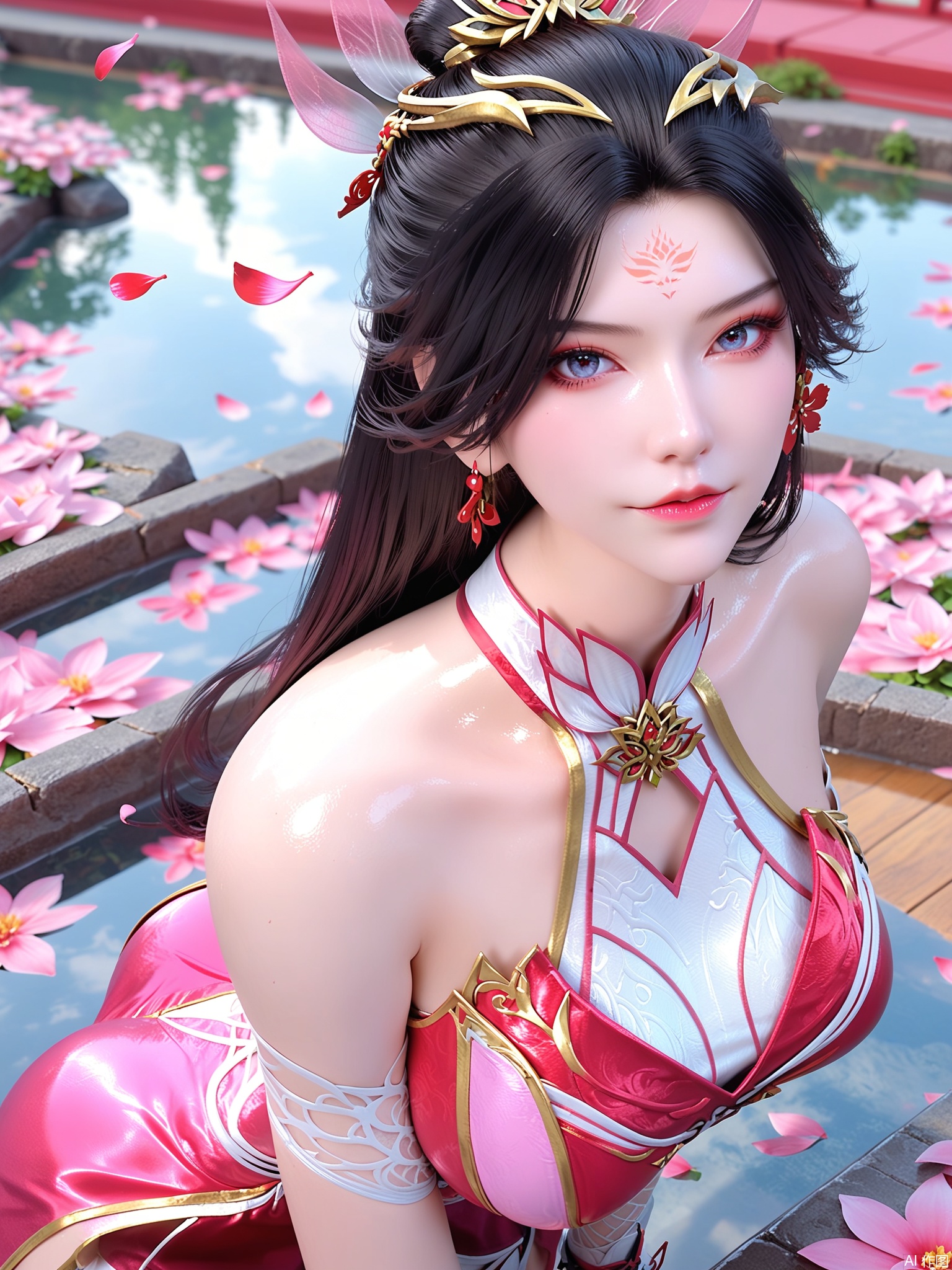 score_9,score_8_up,score_7_up,1girl,looking_at_viewer,realistic,1girl,Vivid Colors,bright environment,delicate water,hair_ornament,shiny skin,shiny hair,reflection,(wariza:1.2),dress,jewelry,flower sea,falling petals,extreme detail description,(upper body:0.4),put one hand on your side,long_hair,(skindentation:1.3),Fishnet stockings,bright,sunshine on face,red dress,pink dress,chinese_clothes,black-hair