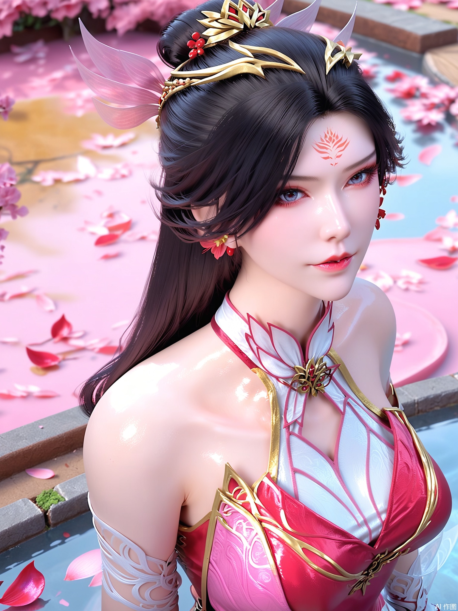 score_9,score_8_up,score_7_up,1girl,looking_at_viewer,realistic,1girl,Vivid Colors,bright environment,delicate water,hair_ornament,shiny skin,shiny hair,reflection,(wariza:1.2),dress,jewelry,flower sea,falling petals,extreme detail description,(upper body:0.4),put one hand on your side,long_hair,(skindentation:1.3),Fishnet stockings,bright,sunshine on face,red dress,pink dress,chinese_clothes,black-hair