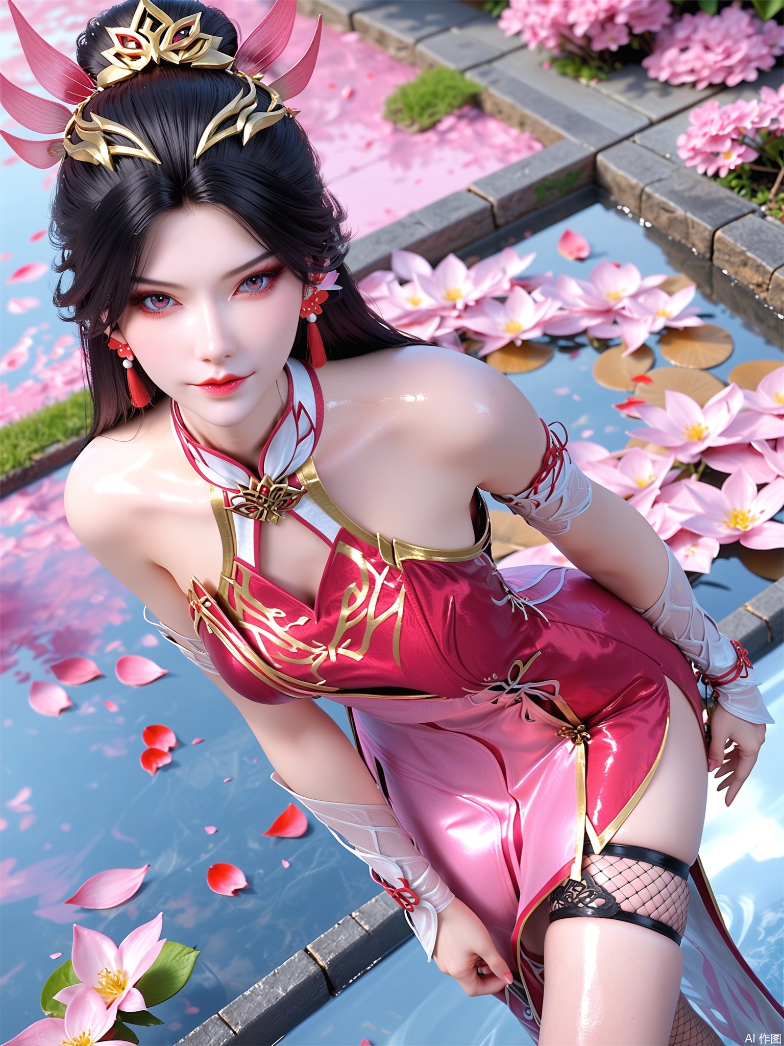 score_9,score_8_up,score_7_up,1girl,looking_at_viewer,realistic,1girl,Vivid Colors,bright environment,delicate water,hair_ornament,shiny skin,shiny hair,reflection,(wariza:1.2),dress,jewelry,flower sea,falling petals,extreme detail description,(upper body:0.4),put one hand on your side,long_hair,(skindentation:1.3),Fishnet stockings,bright,sunshine on face,red dress,pink dress,chinese_clothes,black-hair