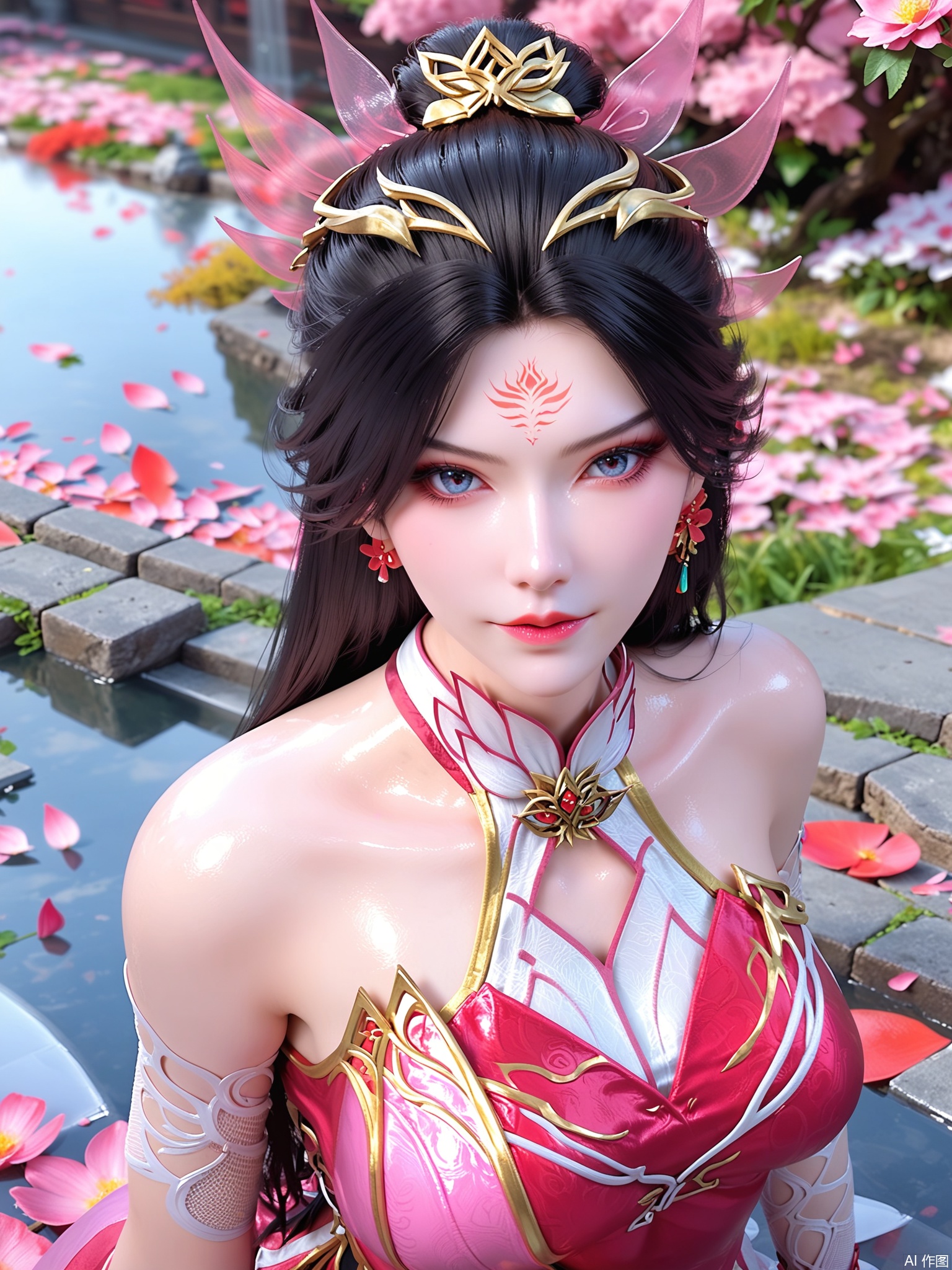 score_9,score_8_up,score_7_up,1girl,looking_at_viewer,realistic,1girl,Vivid Colors,bright environment,delicate water,hair_ornament,shiny skin,shiny hair,reflection,(wariza:1.2),dress,jewelry,flower sea,falling petals,extreme detail description,(upper body:0.4),put one hand on your side,long_hair,(skindentation:1.3),Fishnet stockings,bright,sunshine on face,red dress,pink dress,chinese_clothes,black-hair