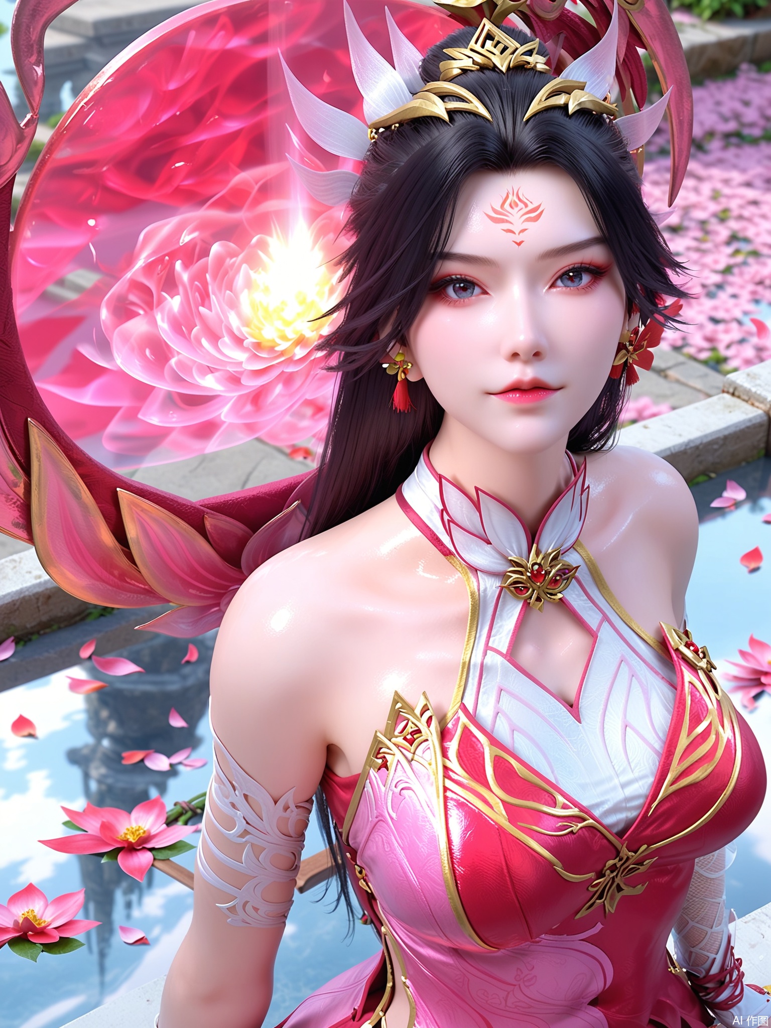 score_9,score_8_up,score_7_up,1girl,looking_at_viewer,realistic,1girl,Vivid Colors,bright environment,delicate water,hair_ornament,shiny skin,shiny hair,reflection,(wariza:1.2),dress,jewelry,flower sea,falling petals,extreme detail description,(upper body:0.4),put one hand on your side,long_hair,(skindentation:1.3),Fishnet stockings,bright,sunshine on face,red dress,pink dress,chinese_clothes,black-hair,floating object,weapon,aureole,pillar,forehead mark